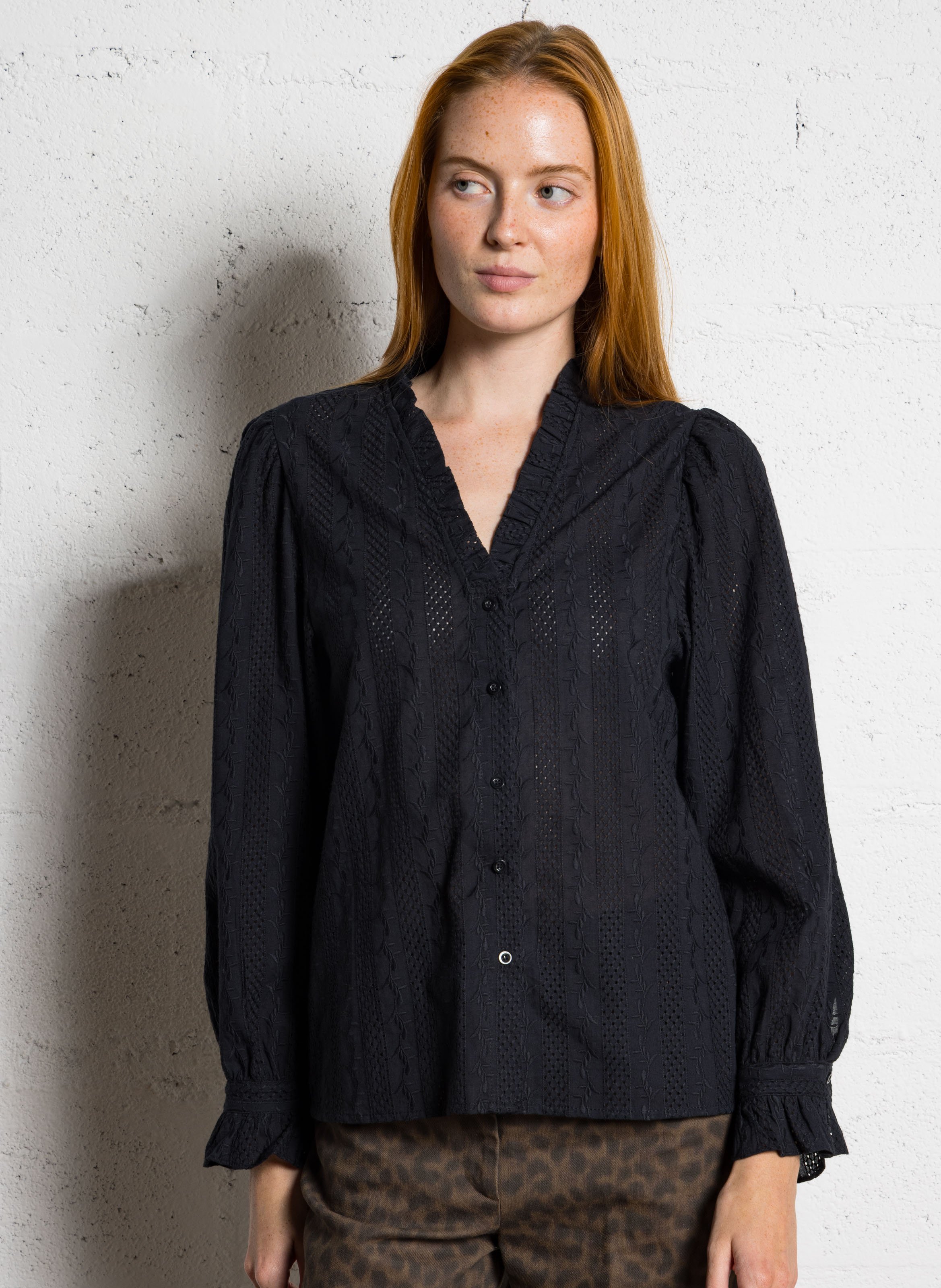 Gerade geschnittene Baumwollbluse mit V-Ausschnitt THE KORNER Schwarz