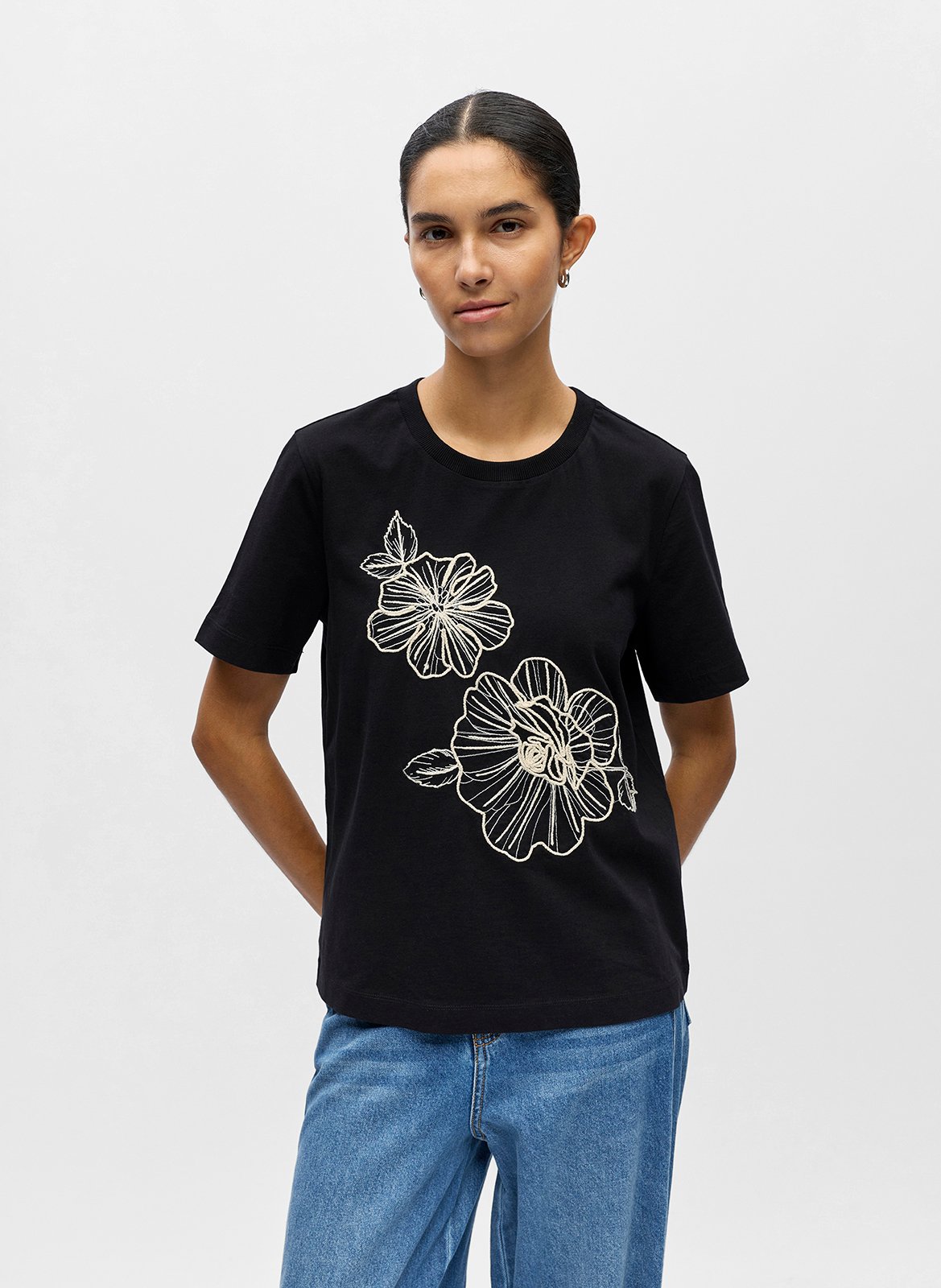 Tee-shirt brodé en coton col rond  OBJECT Noir