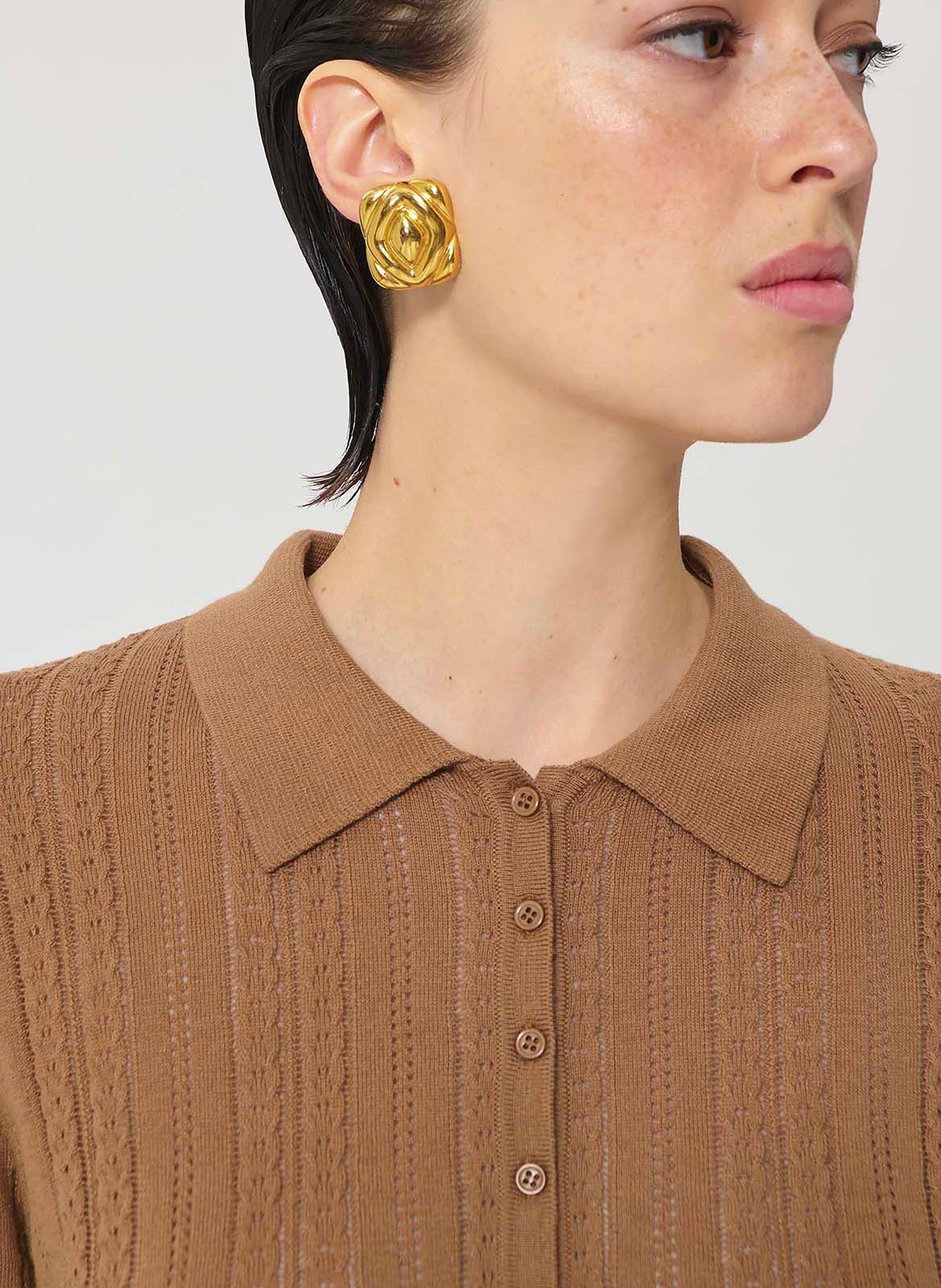 Pull droit col polo en coton et soie TARA JARMON Marron