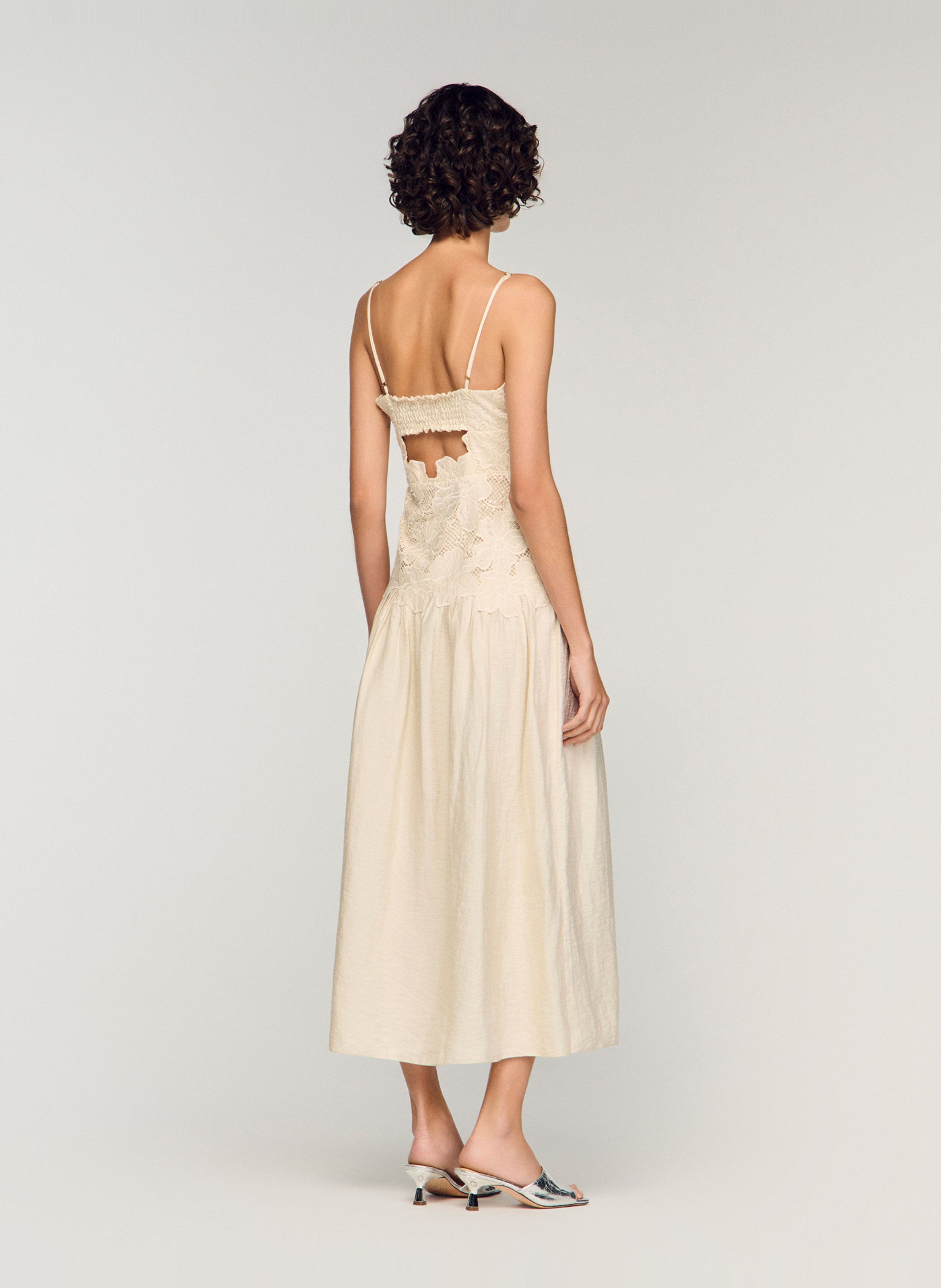 Fitted midi dress with embroideries and rhinestones SANDRO Beige