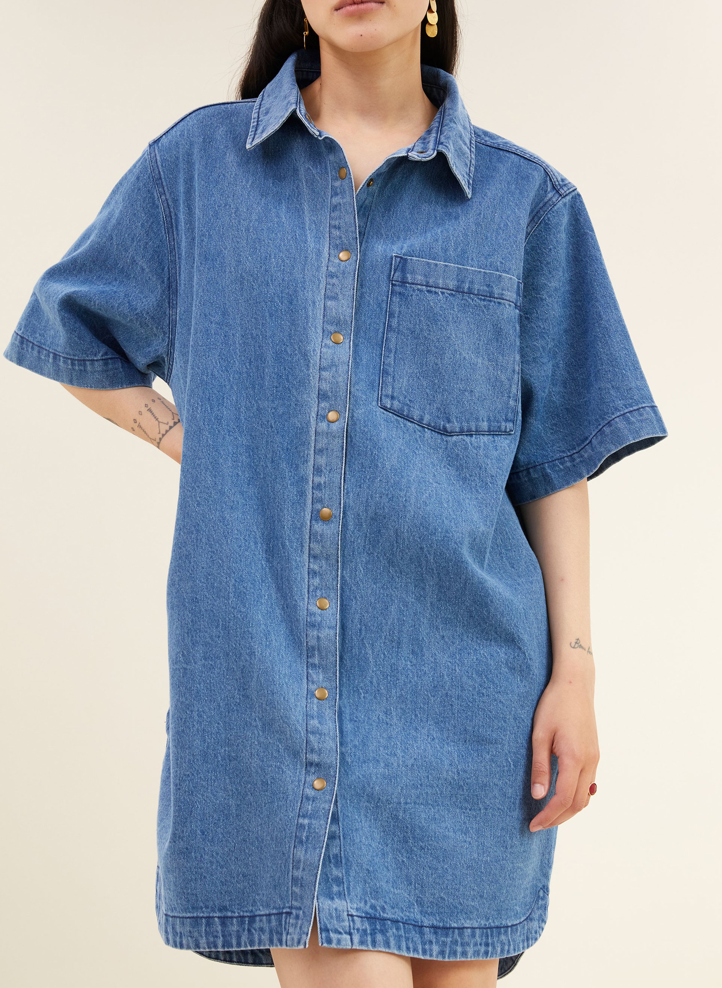 Korte jurk van katoen met klassieke kraag BY BAR Blauw