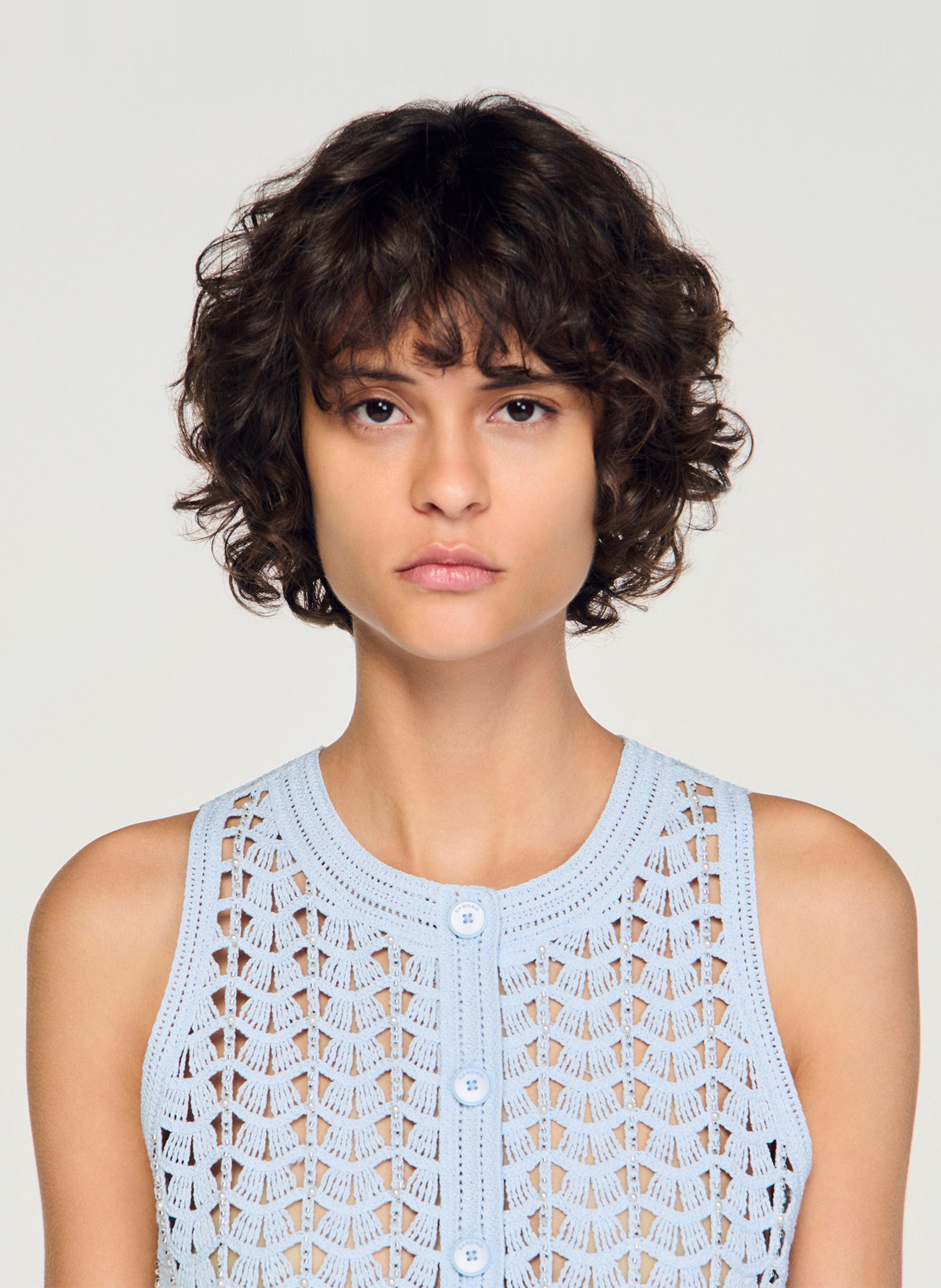 Gilet droit en maille ajourée  SANDRO Bleu