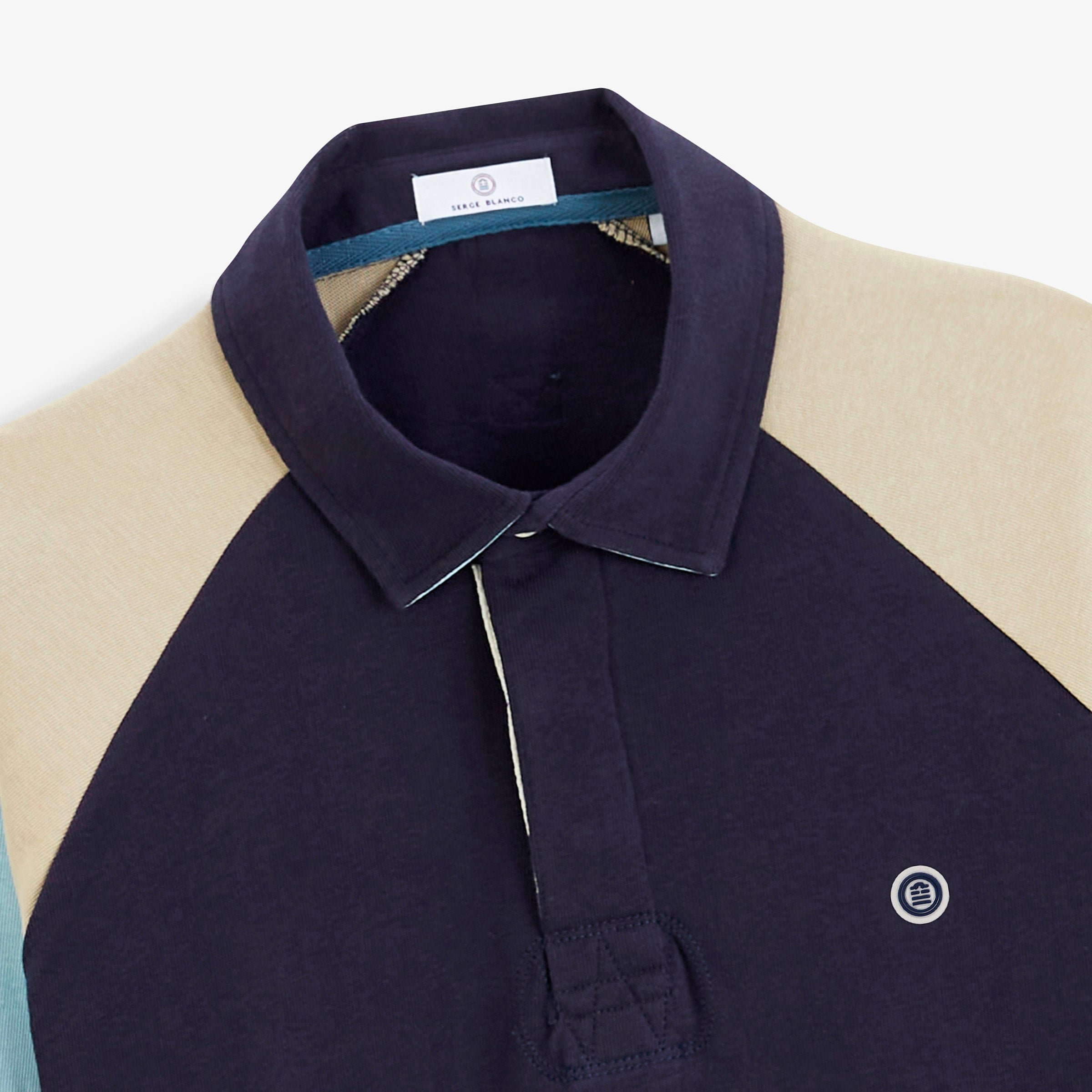 Navy blue tricolor long-sleeve raglan rugby polo SERGE BLANCO Blue