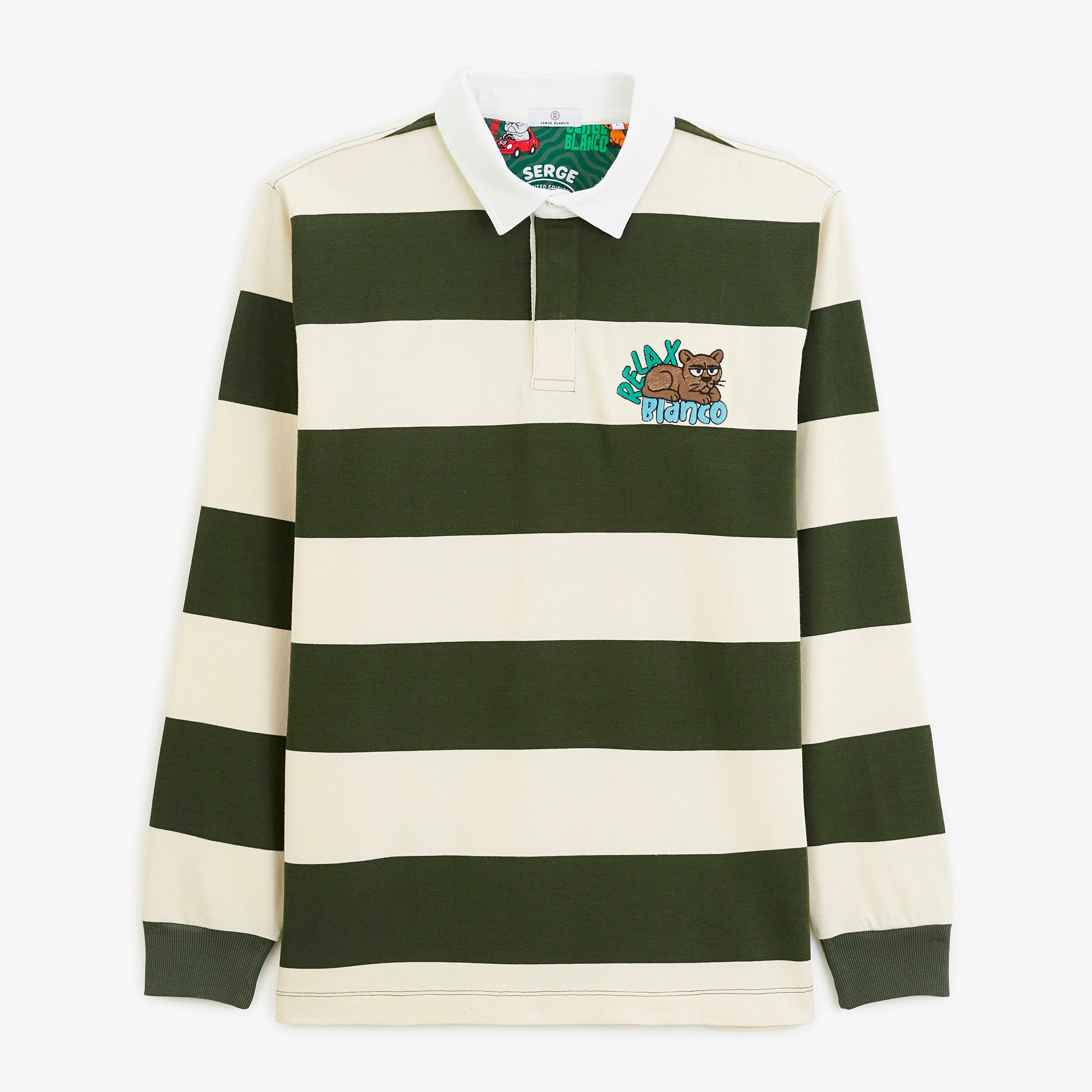 Striped long-sleeved rugby polo shirt with FUNKY ANIMALS embroidery in thyme green SERGE BLANCO Green
