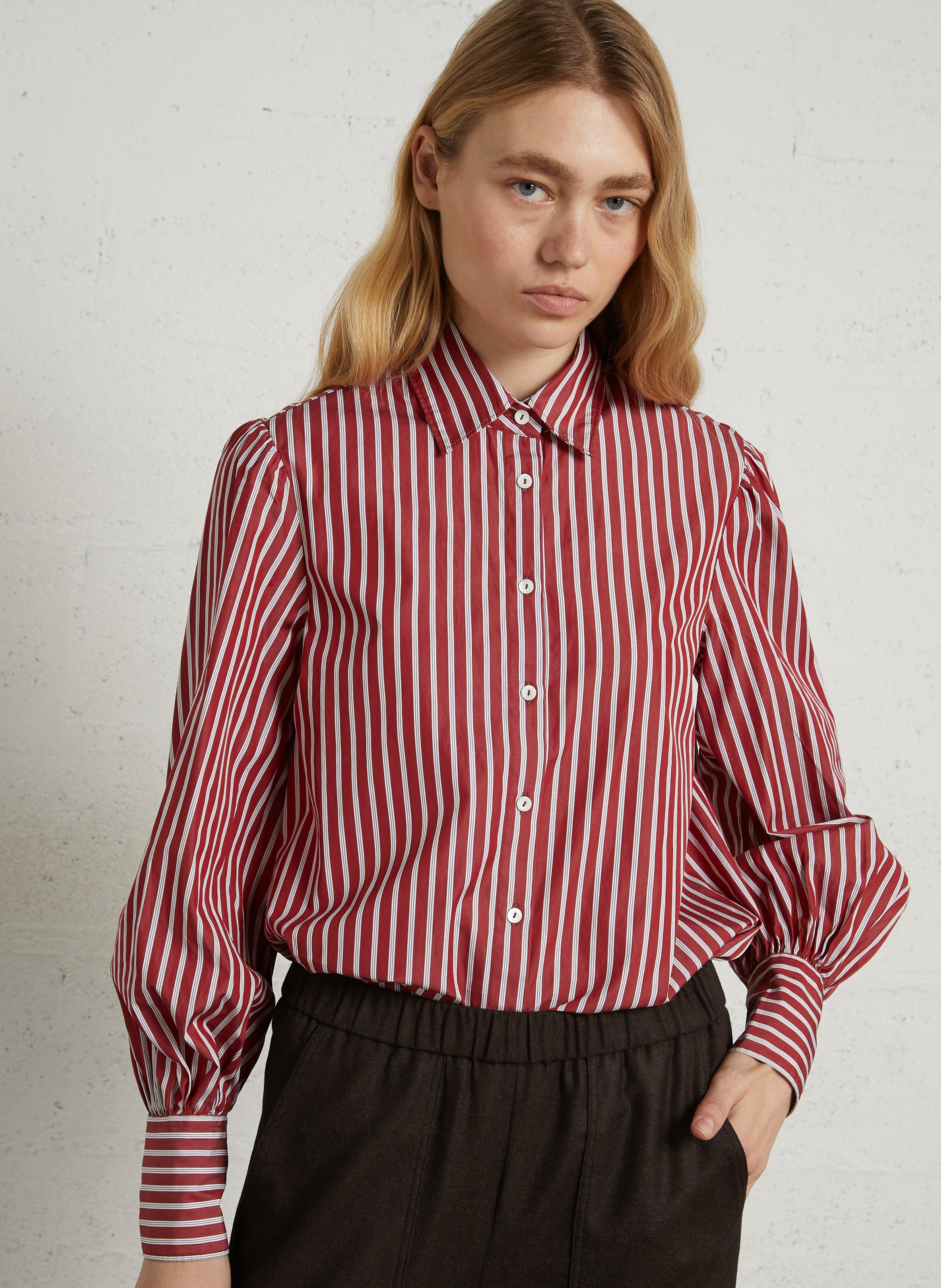 Striped straight cotton shirt with classic collar DIEGA Red