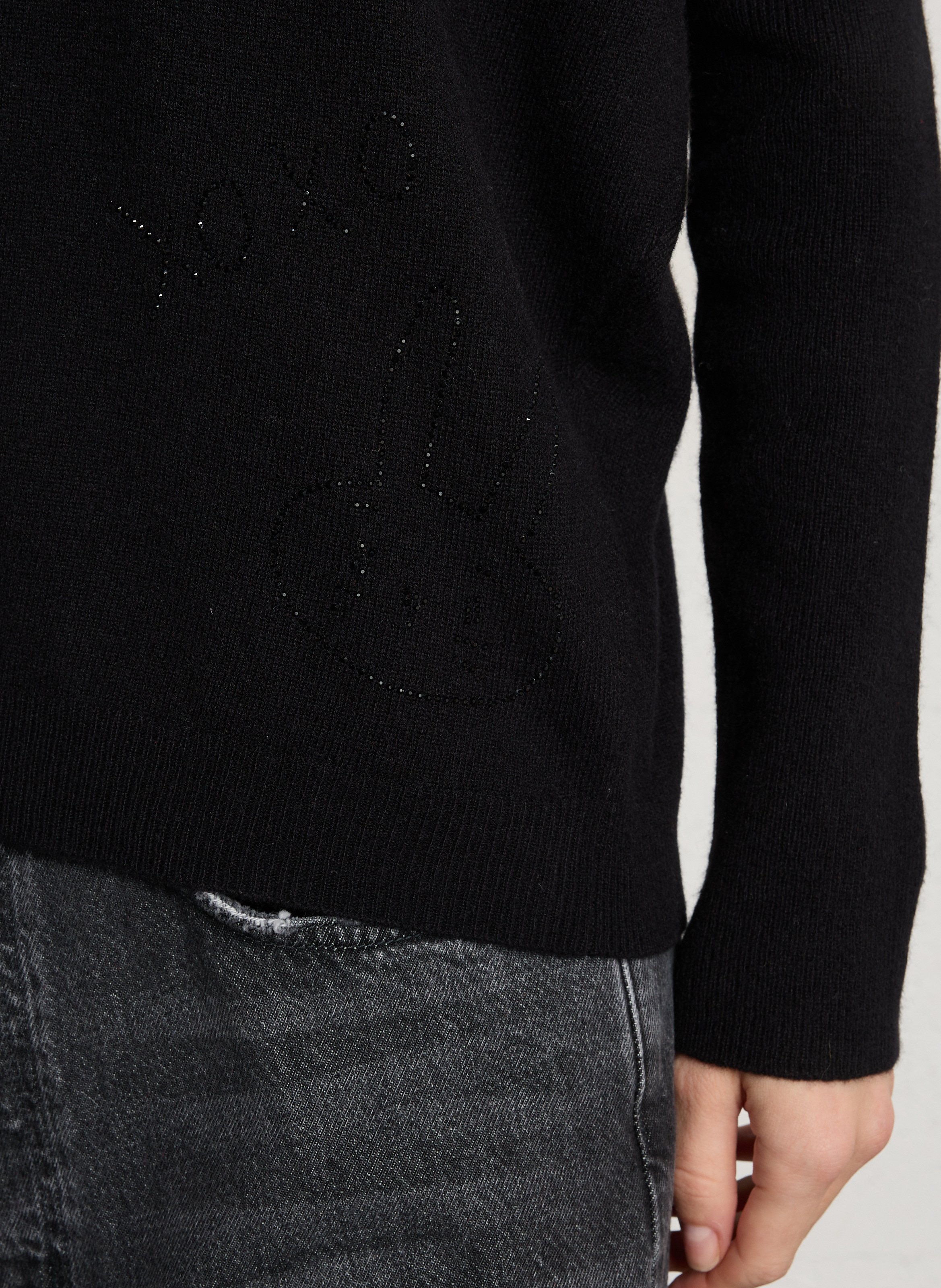 Loose-fit wool V-neck sweater with rhinestones BERENICE Black