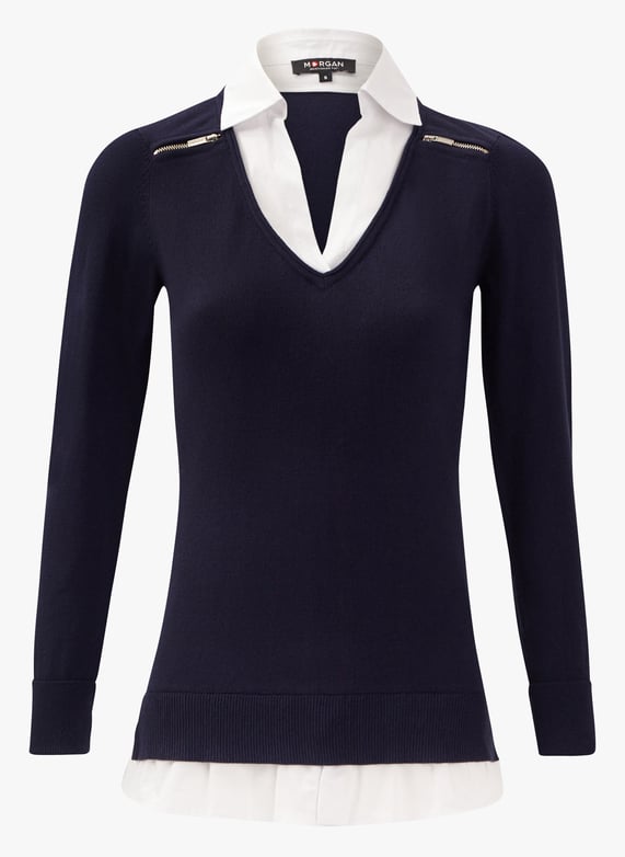 Pull col v en coton mélangé M Bleu Morgan Femme