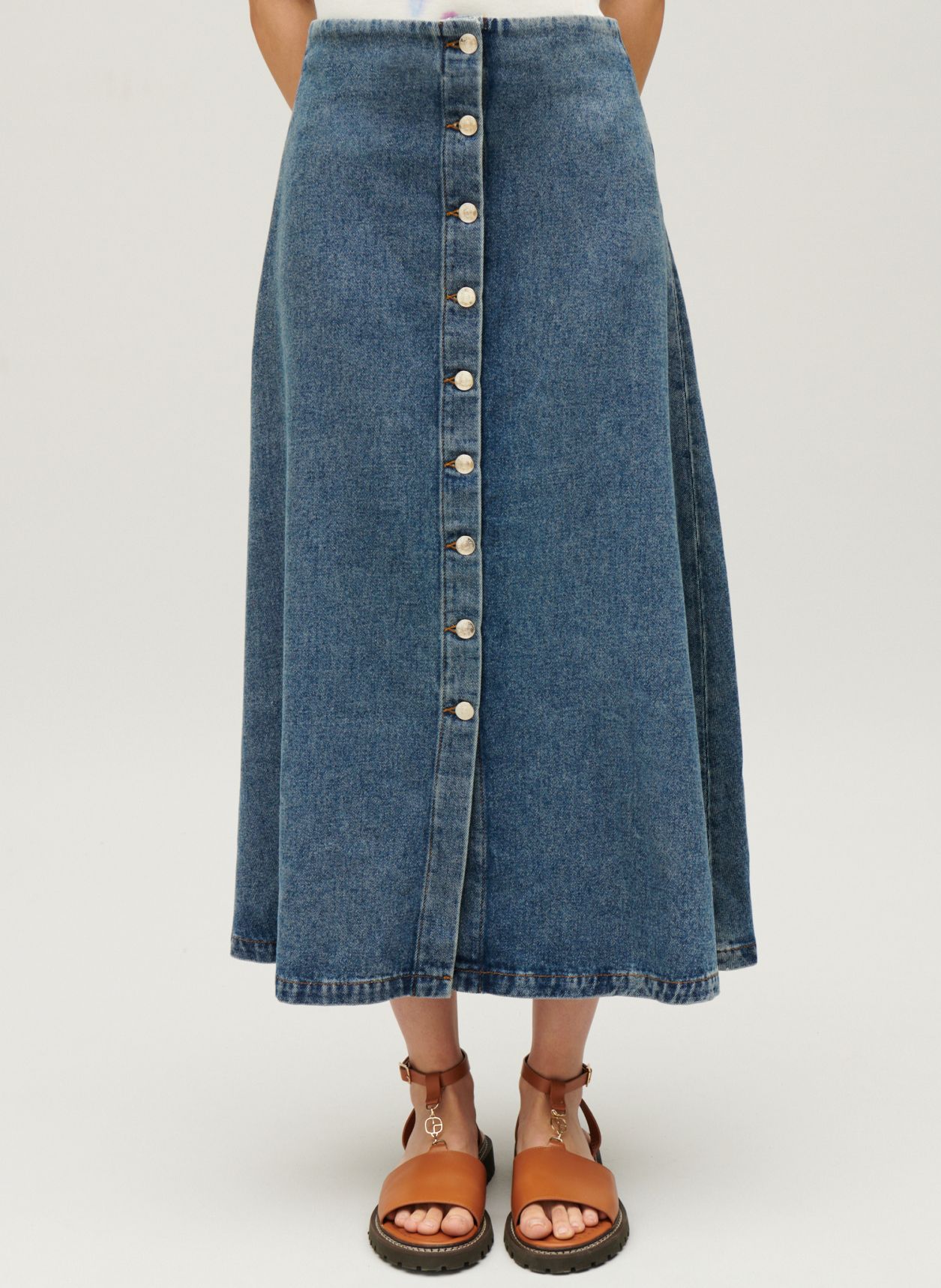 Blue Cotton blend denim A line midi skirt