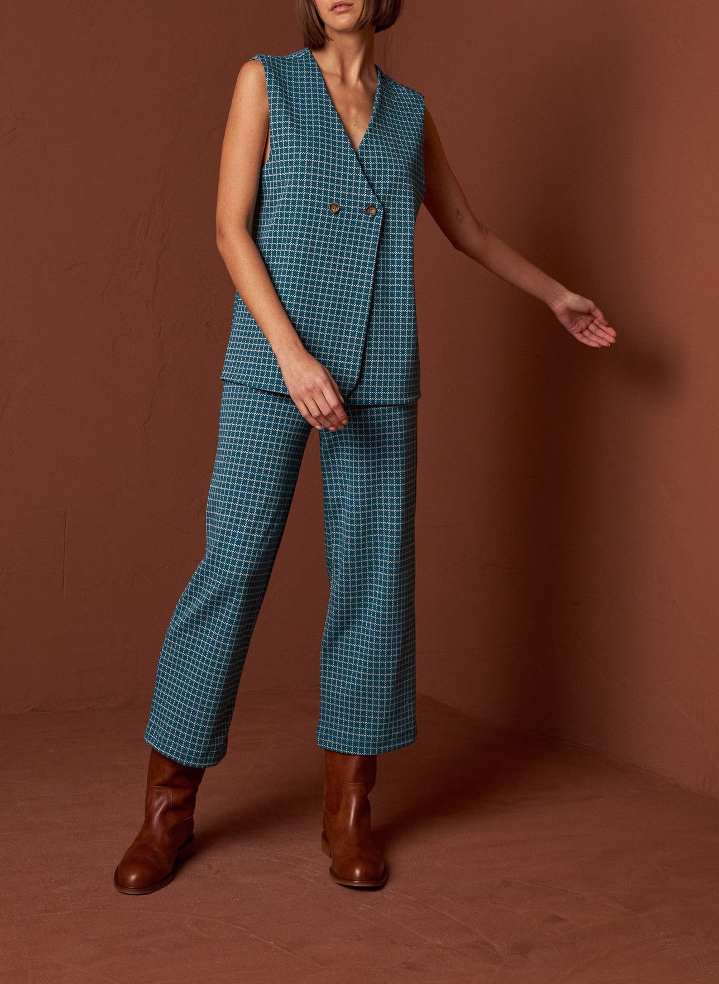 Gilet col V à carreaux INDI & COLD Bleu