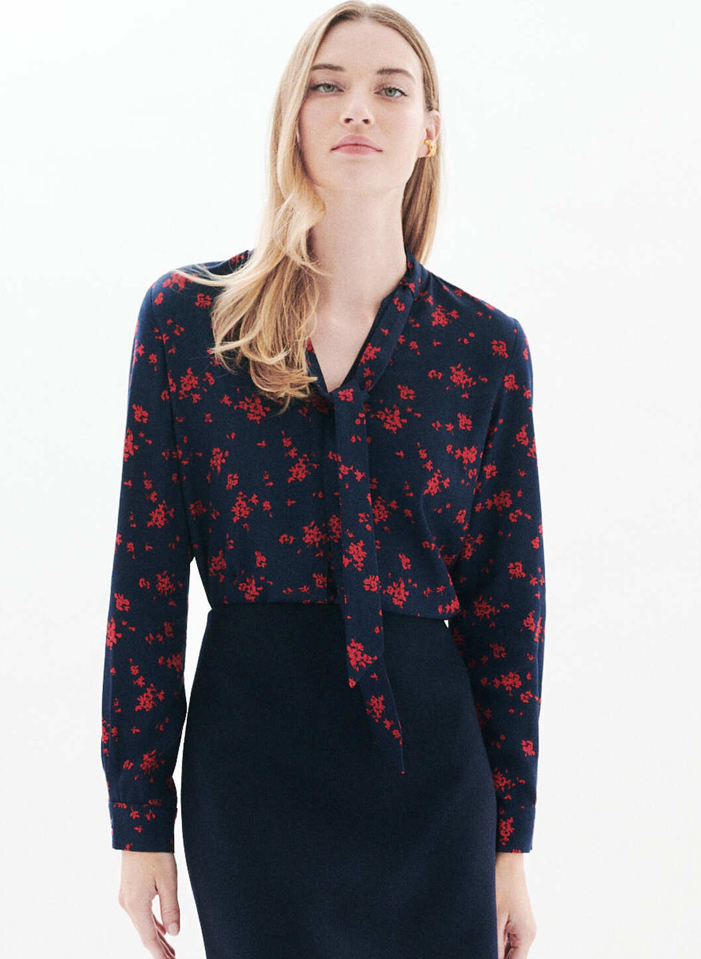 Blouse droite col V imprimée CAROLL Noir