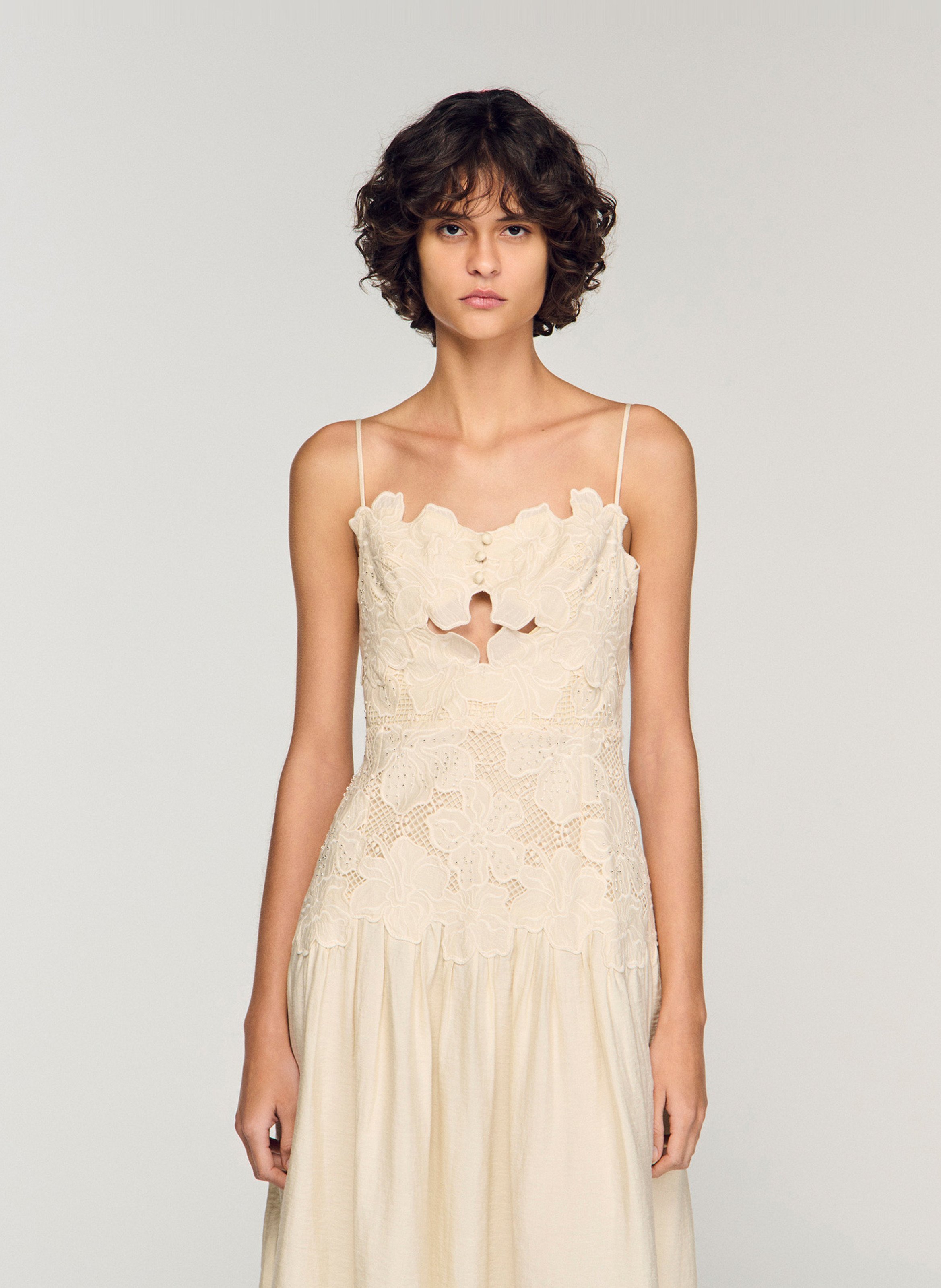 Fitted midi dress with embroideries and rhinestones SANDRO Beige