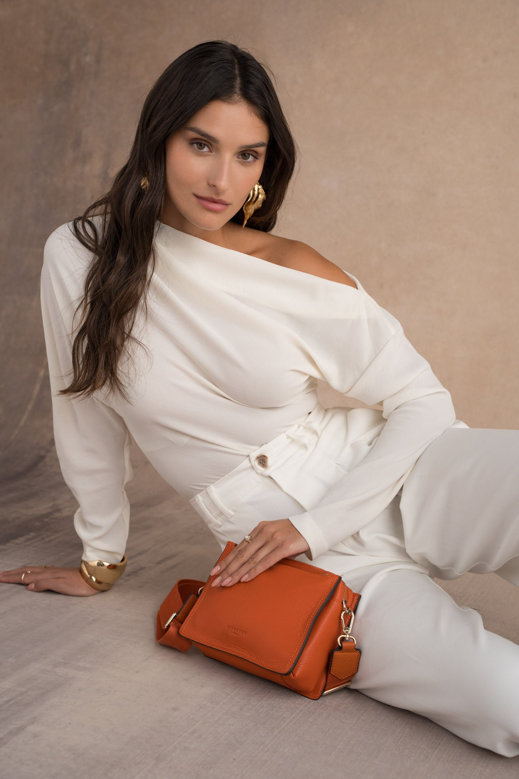 Large leather crossbody bag POURCHET Orange