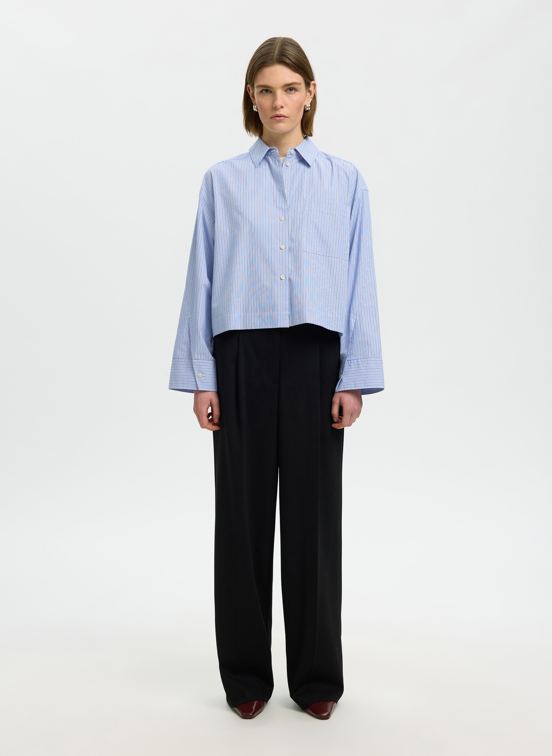 Chemise droite col classique rayée en coton bio SELECTED Bleu