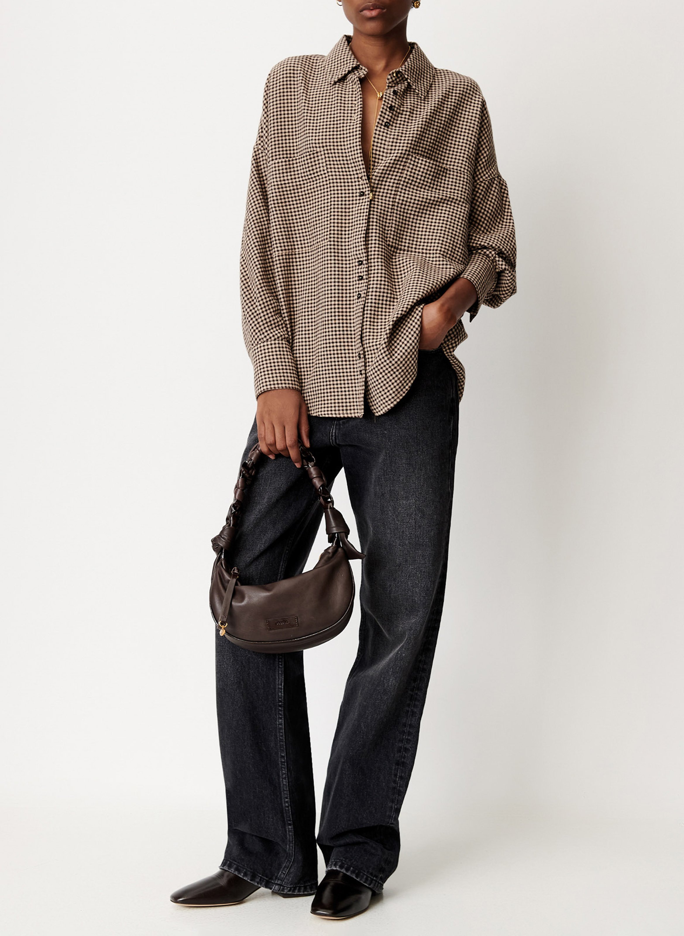 Chemise droite col classique à carreaux avec noeud SESSUN Beige
