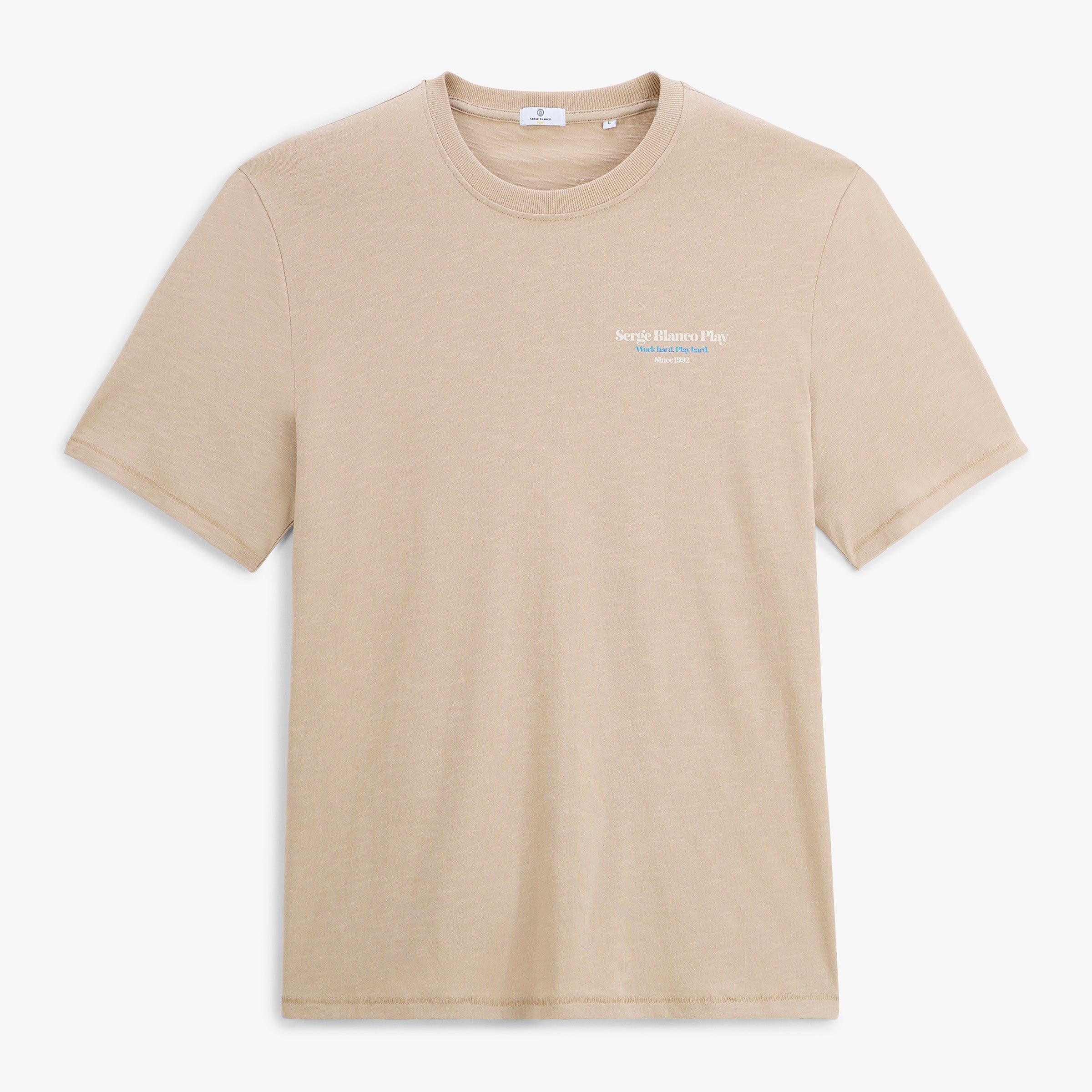 Short-sleeved cotton T-shirt printed with Friends & Fun in sandy beige color by SBPlay. SERGE BLANCO Beige