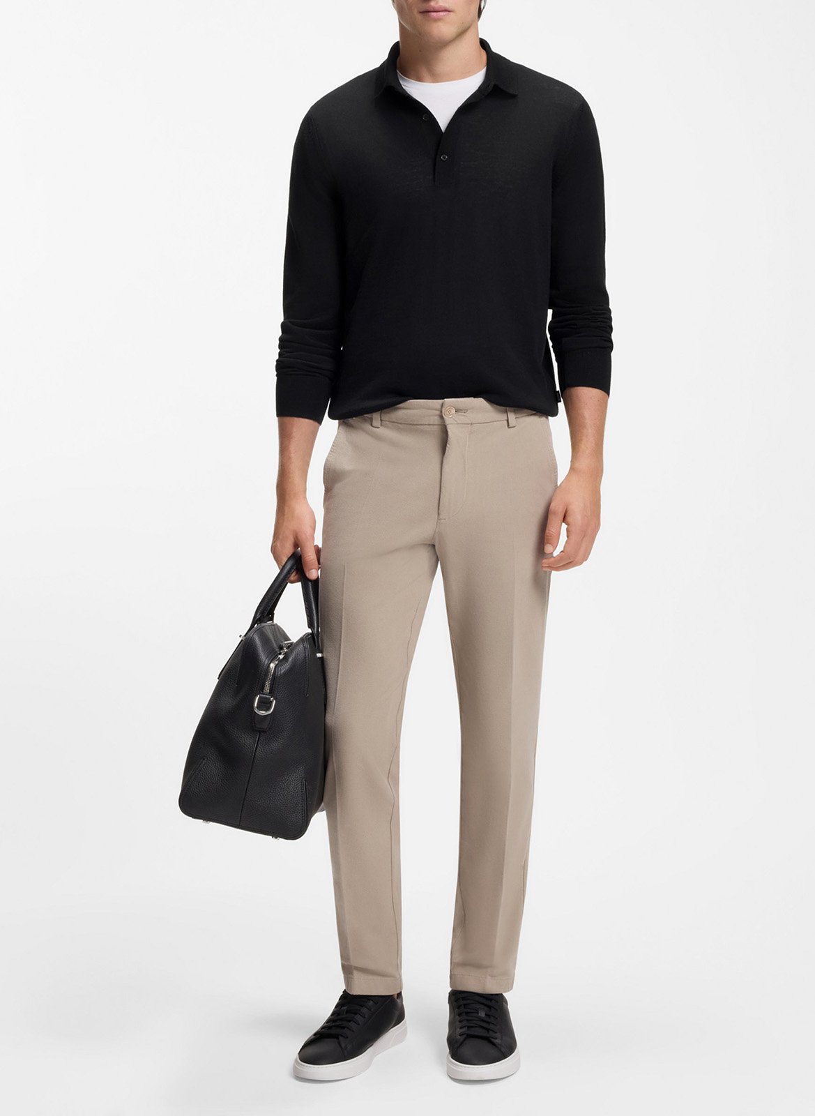 Polo manches longues uni en laine BOSS Noir
