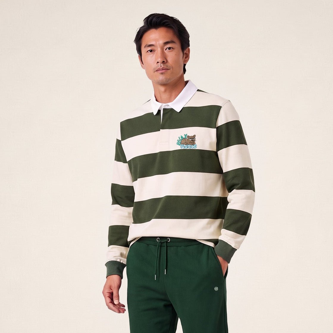 Striped long-sleeved rugby polo shirt with FUNKY ANIMALS embroidery in thyme green SERGE BLANCO Green