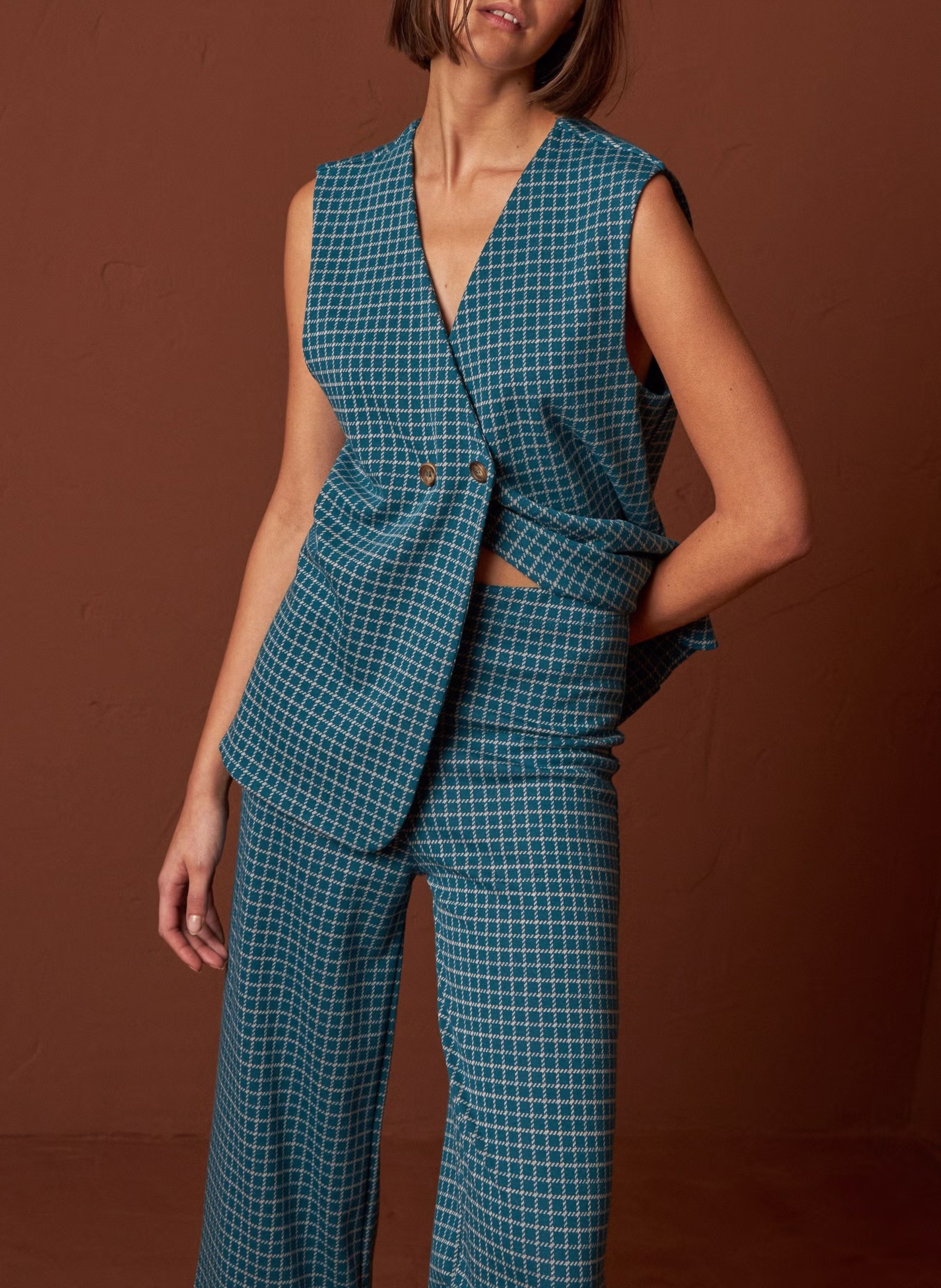 Gilet col V à carreaux INDI & COLD Bleu