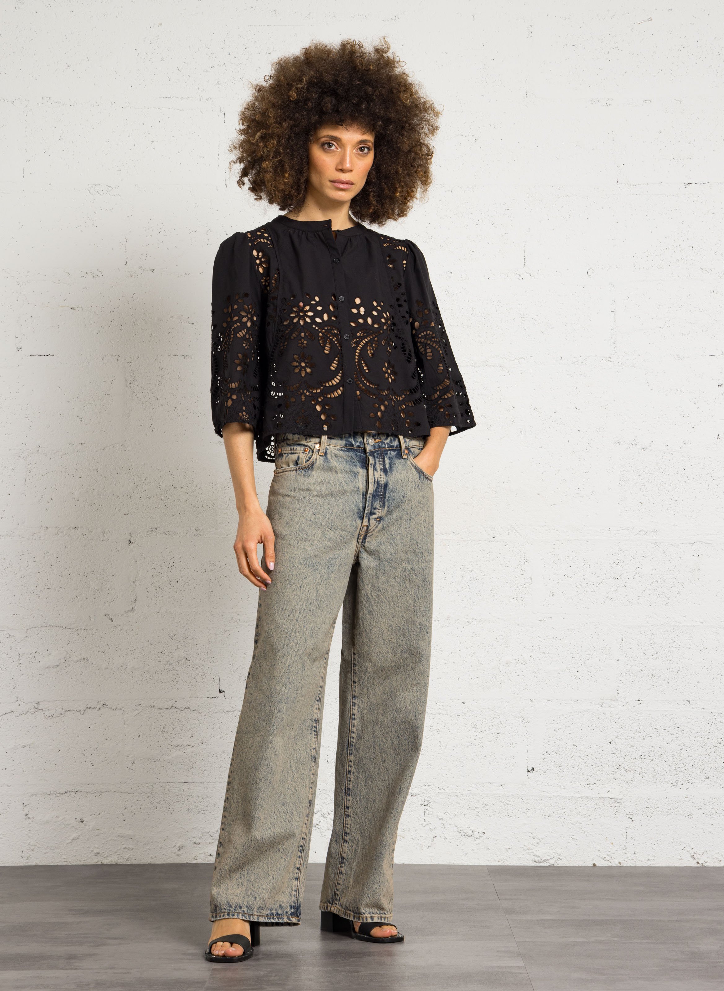 Bestickte Baumwollbluse mit Rundhalsausschnitt SEE U SOON Schwarz