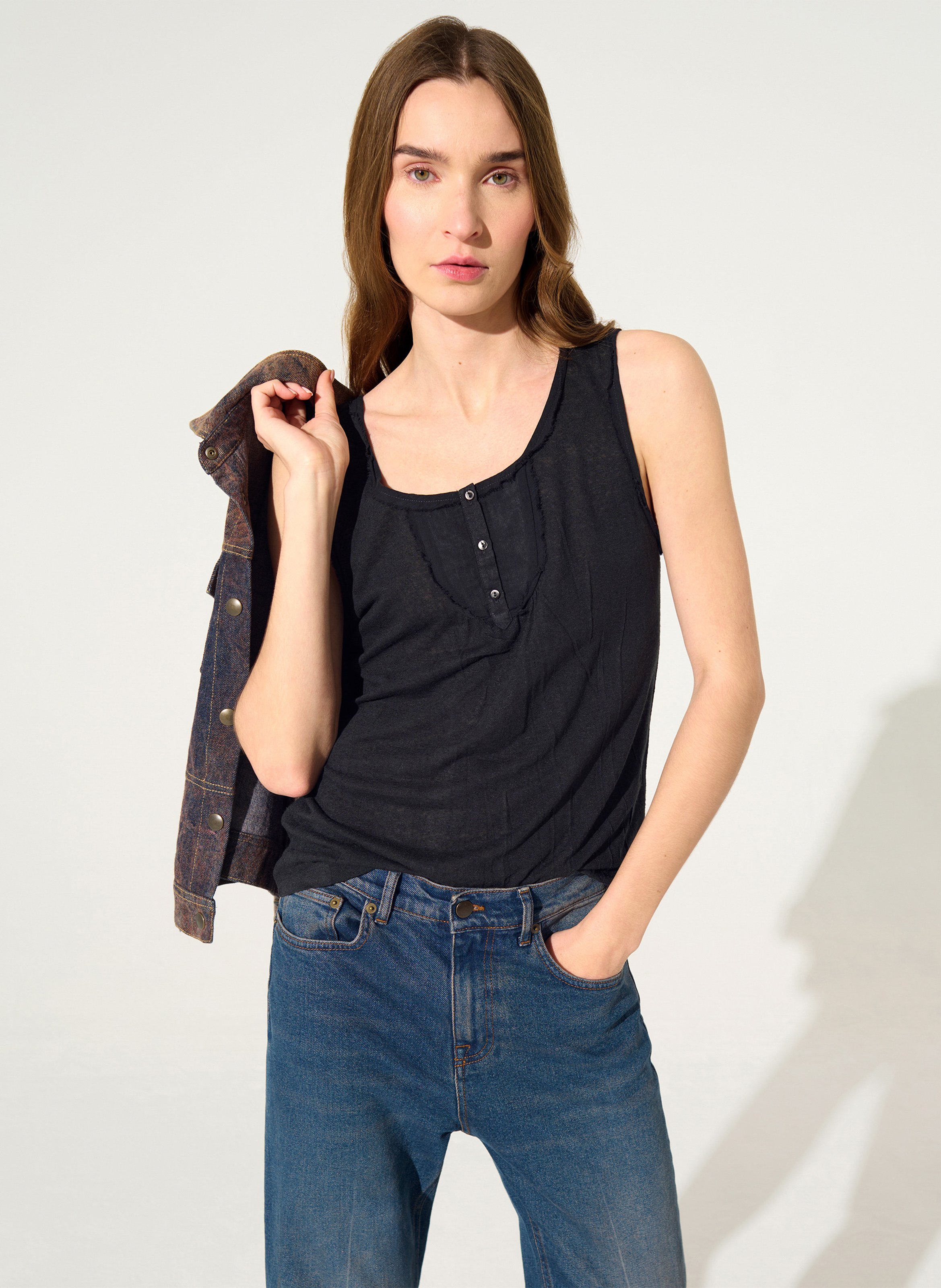 Rechte singlet | linnenblend COTELAC Zwart