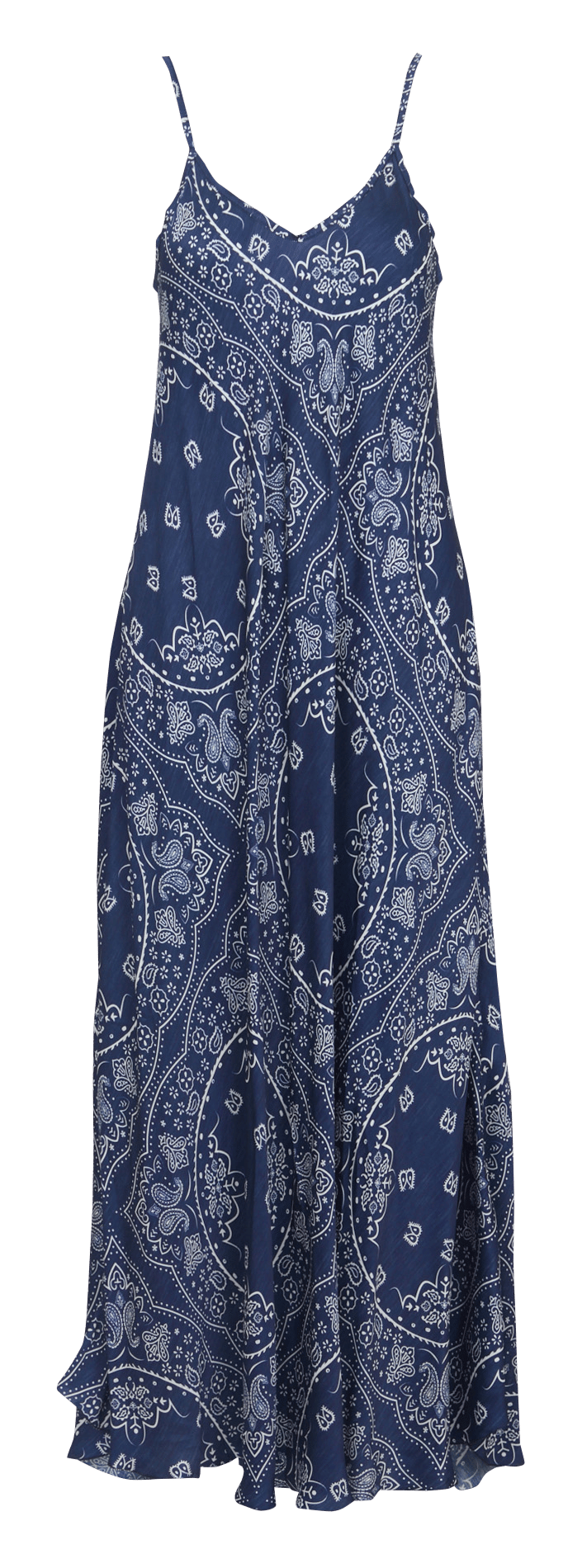 Robe longue col V imprimé cachemire satinée AOKYANOS Bleu