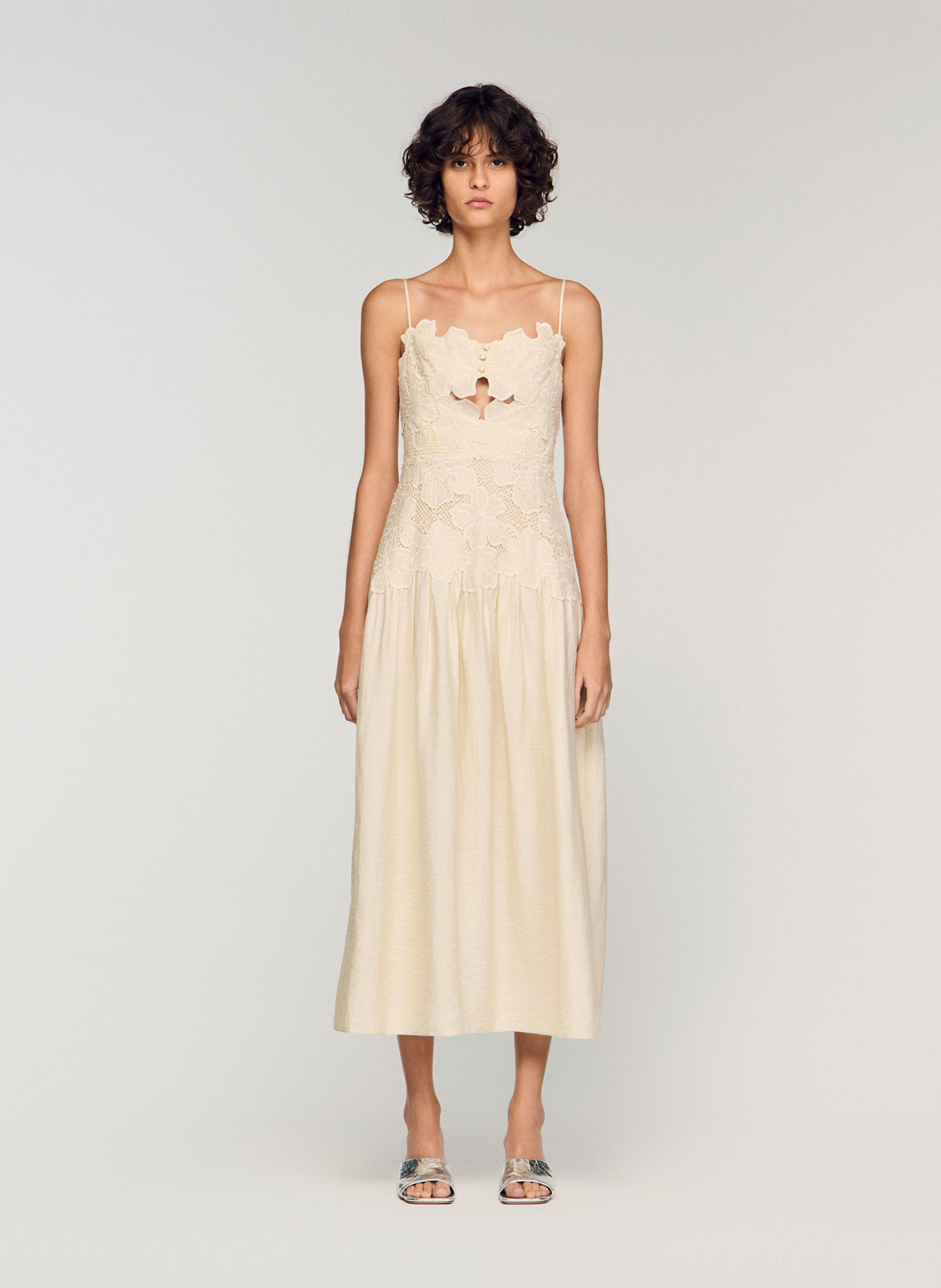 Fitted midi dress with embroideries and rhinestones SANDRO Beige