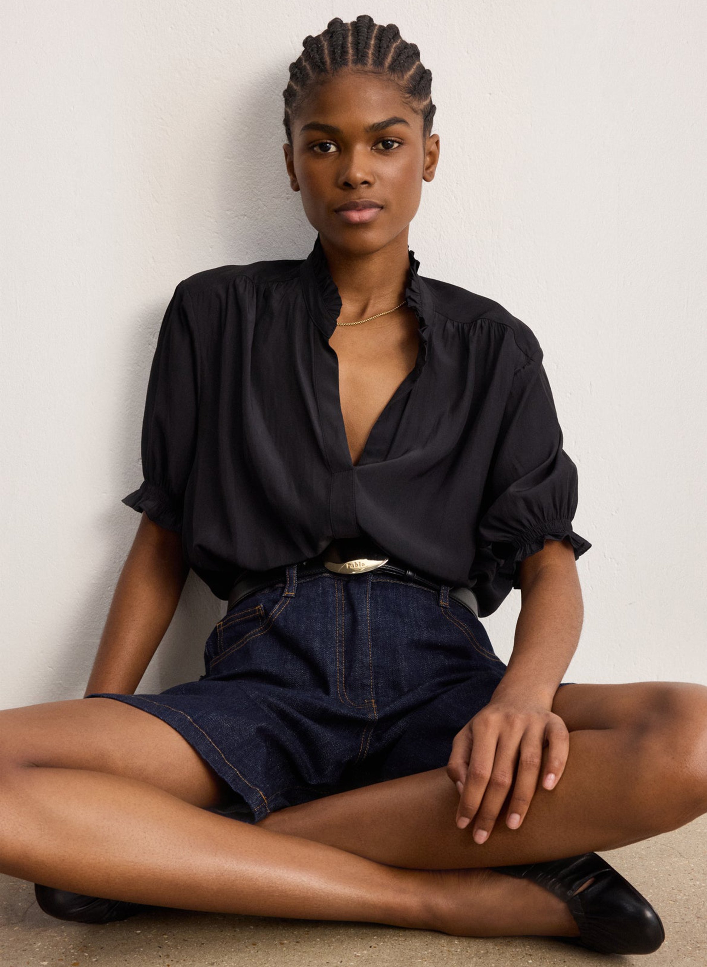 Fluid satin V-neck top PABLO Black