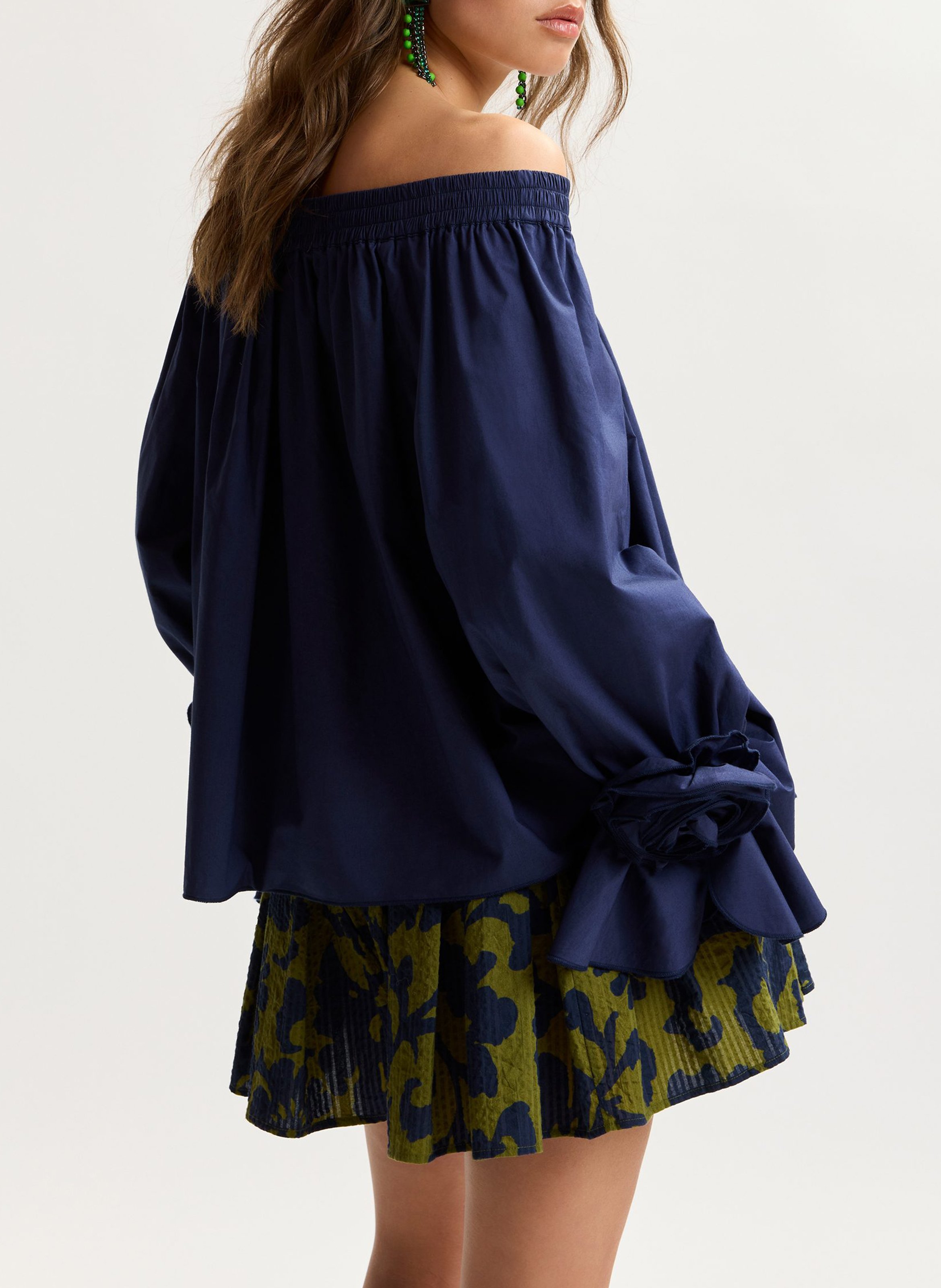 Top bardot ample à fleurs uni Bleu