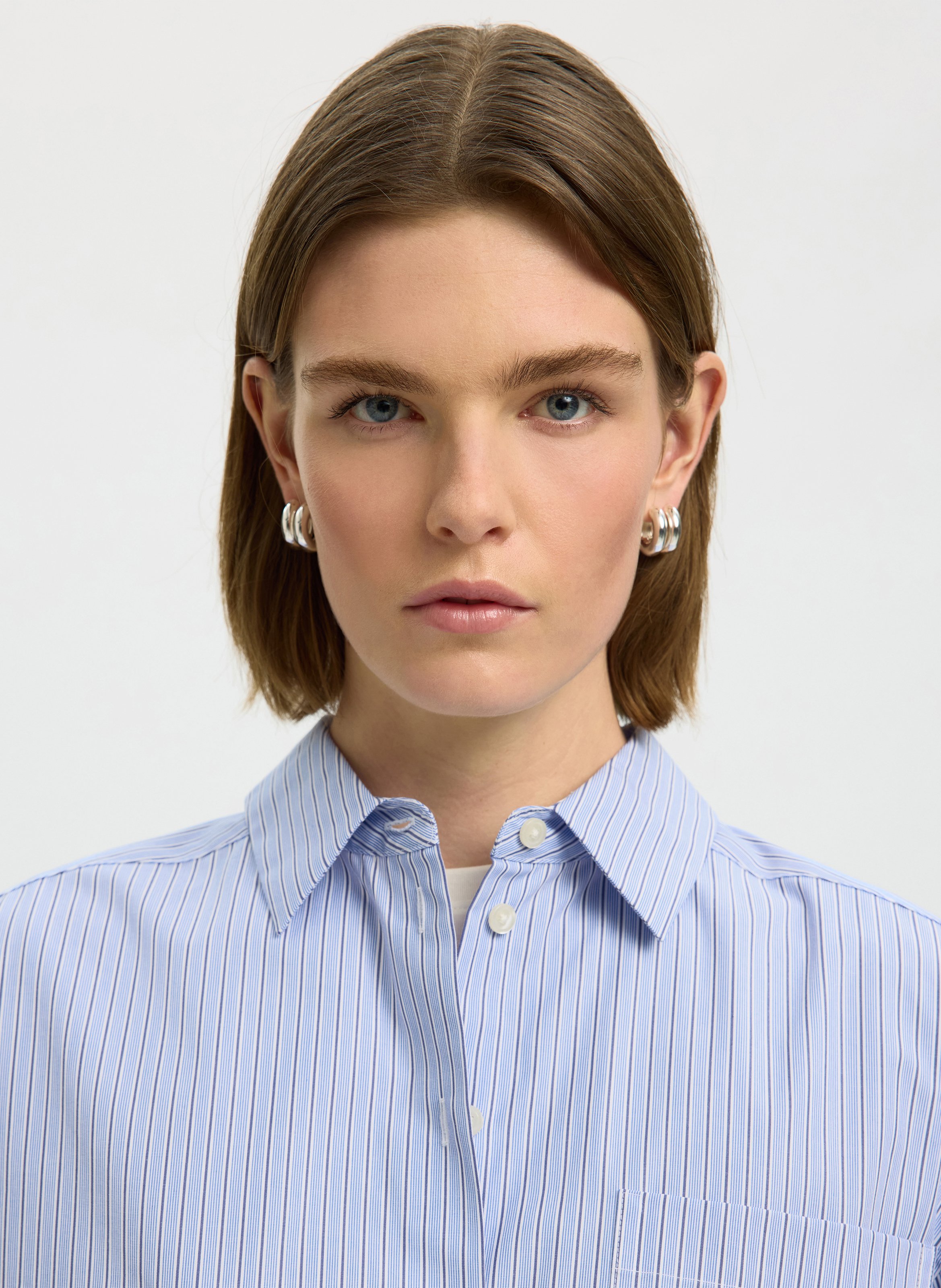 Chemise droite col classique rayée en coton bio SELECTED Bleu