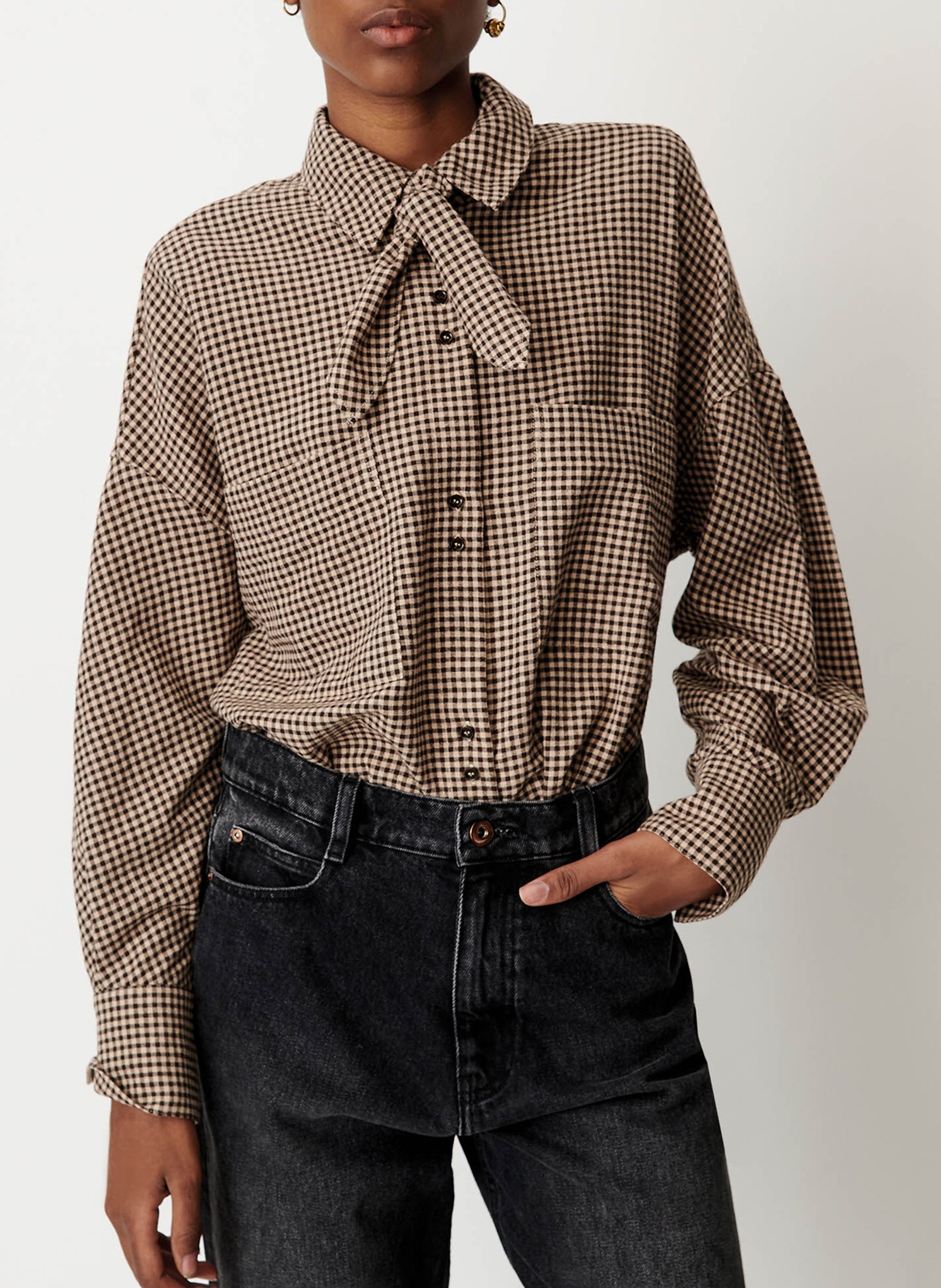 Chemise droite col classique à carreaux avec noeud SESSUN Beige