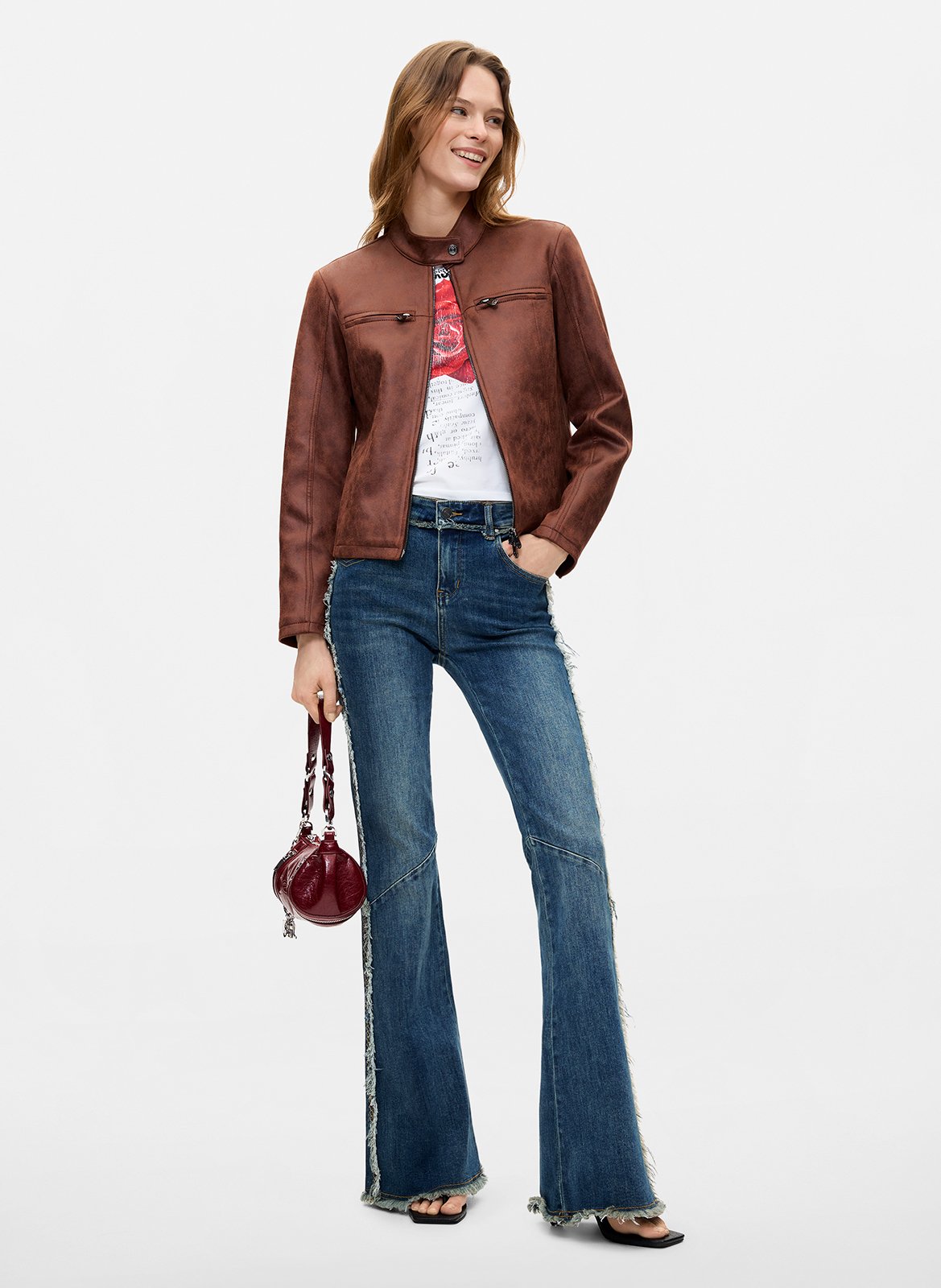 Round neck zip-up solid jacket DESIGUAL Brown