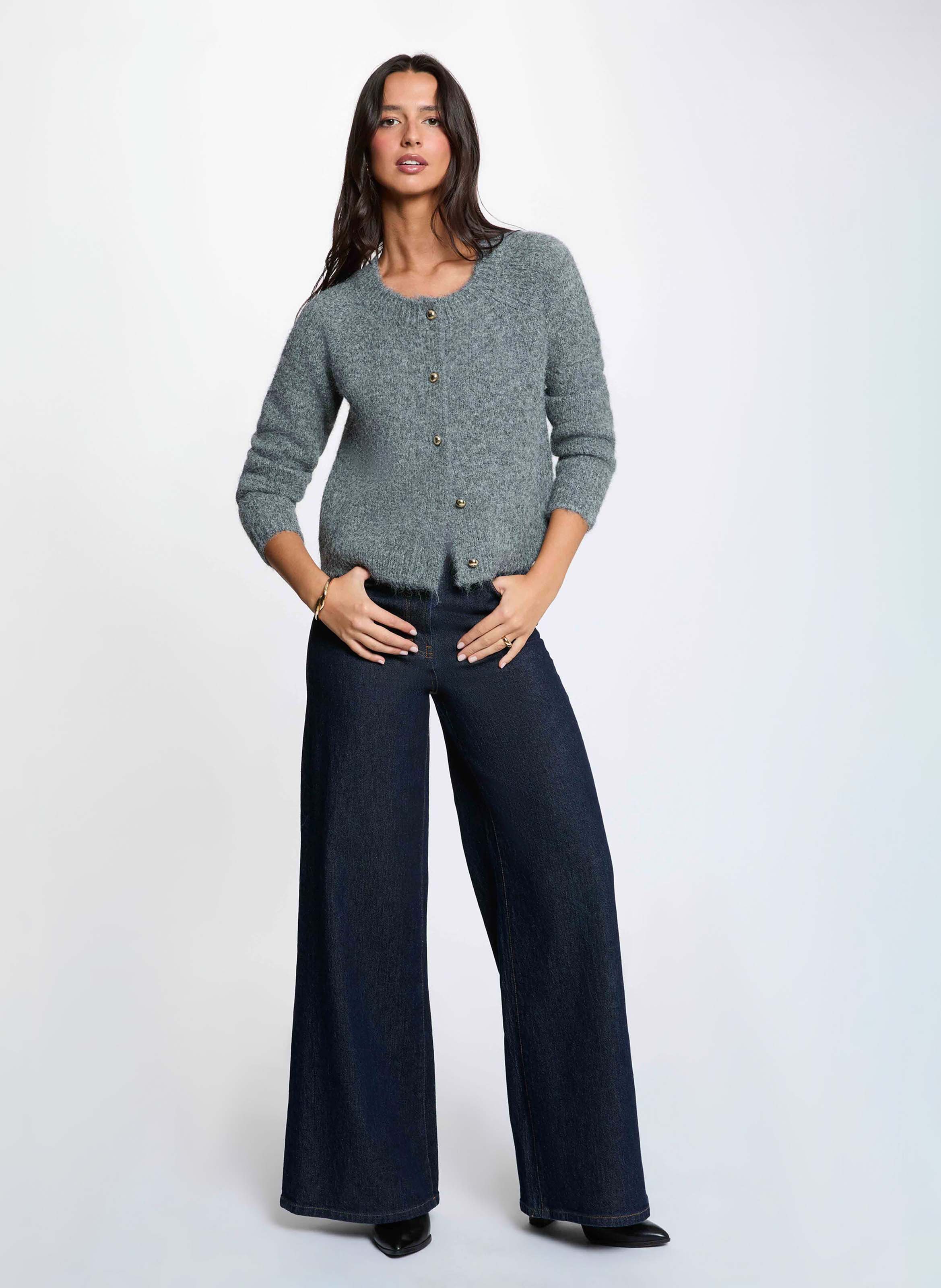 Cardigan droit boutonné en maille MORGAN Gris