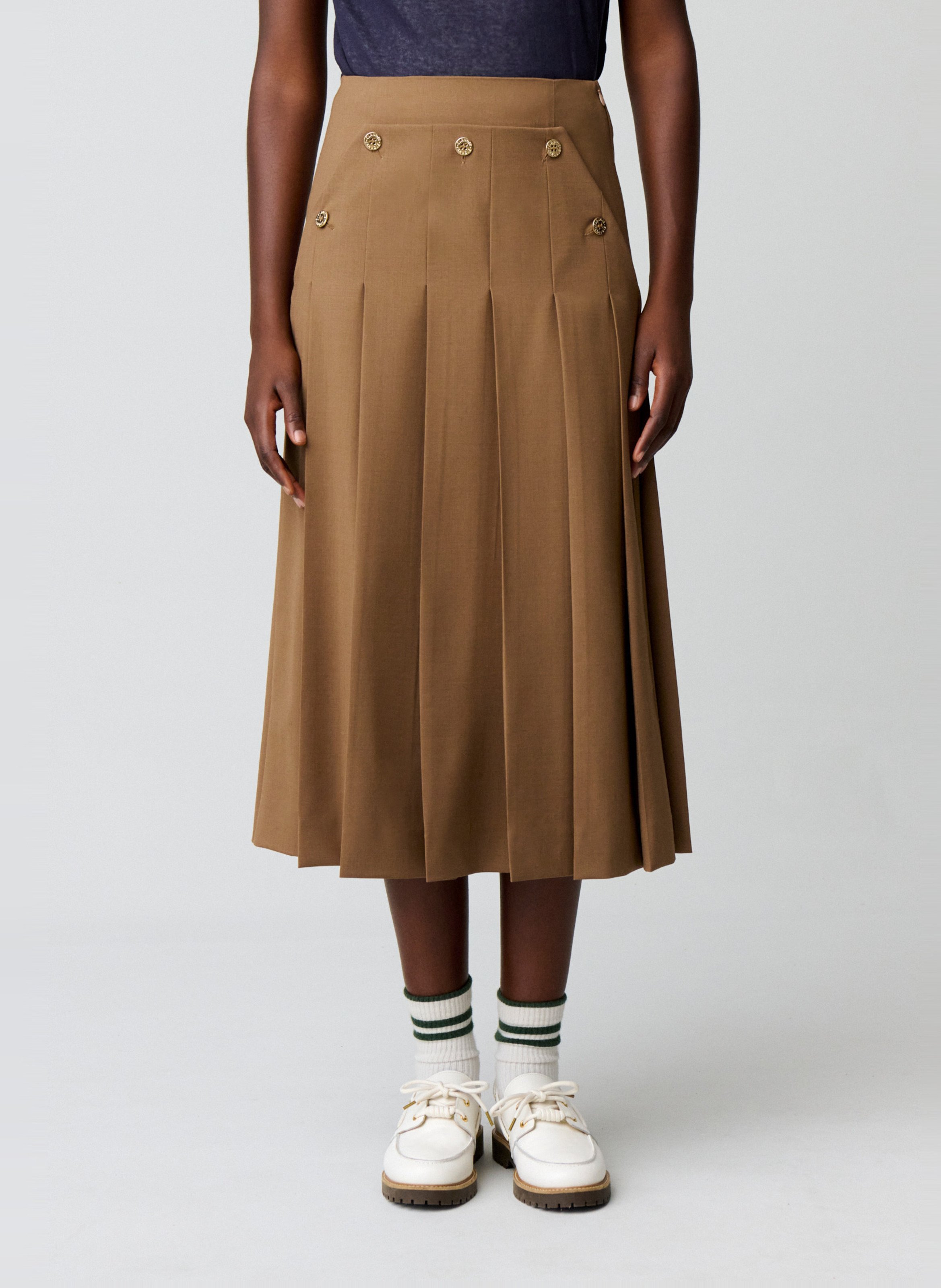 Geplooide midi-rok in effen kleur CLAUDIE PIERLOT Beige