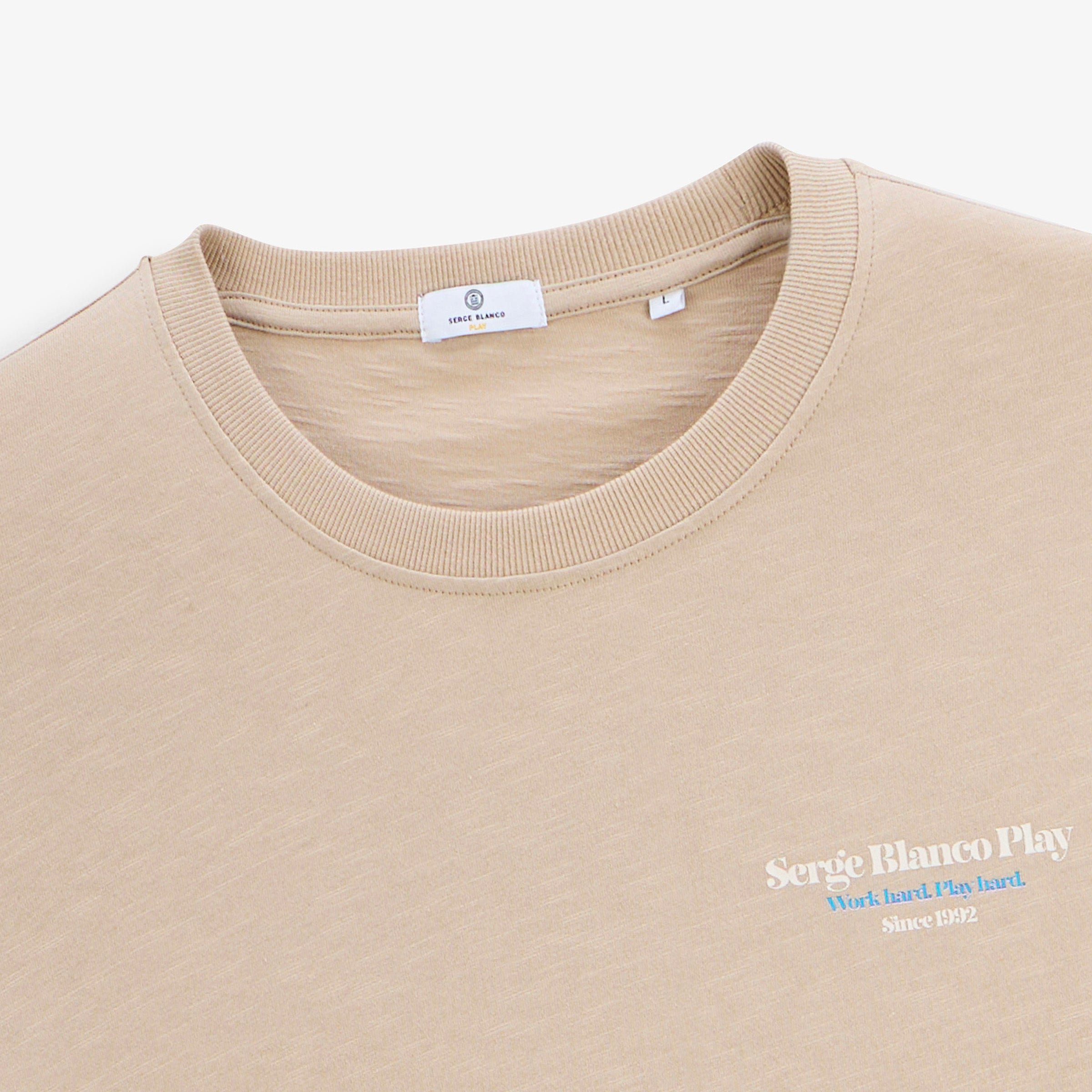 Short-sleeved cotton T-shirt printed with Friends & Fun in sandy beige color by SBPlay. SERGE BLANCO Beige