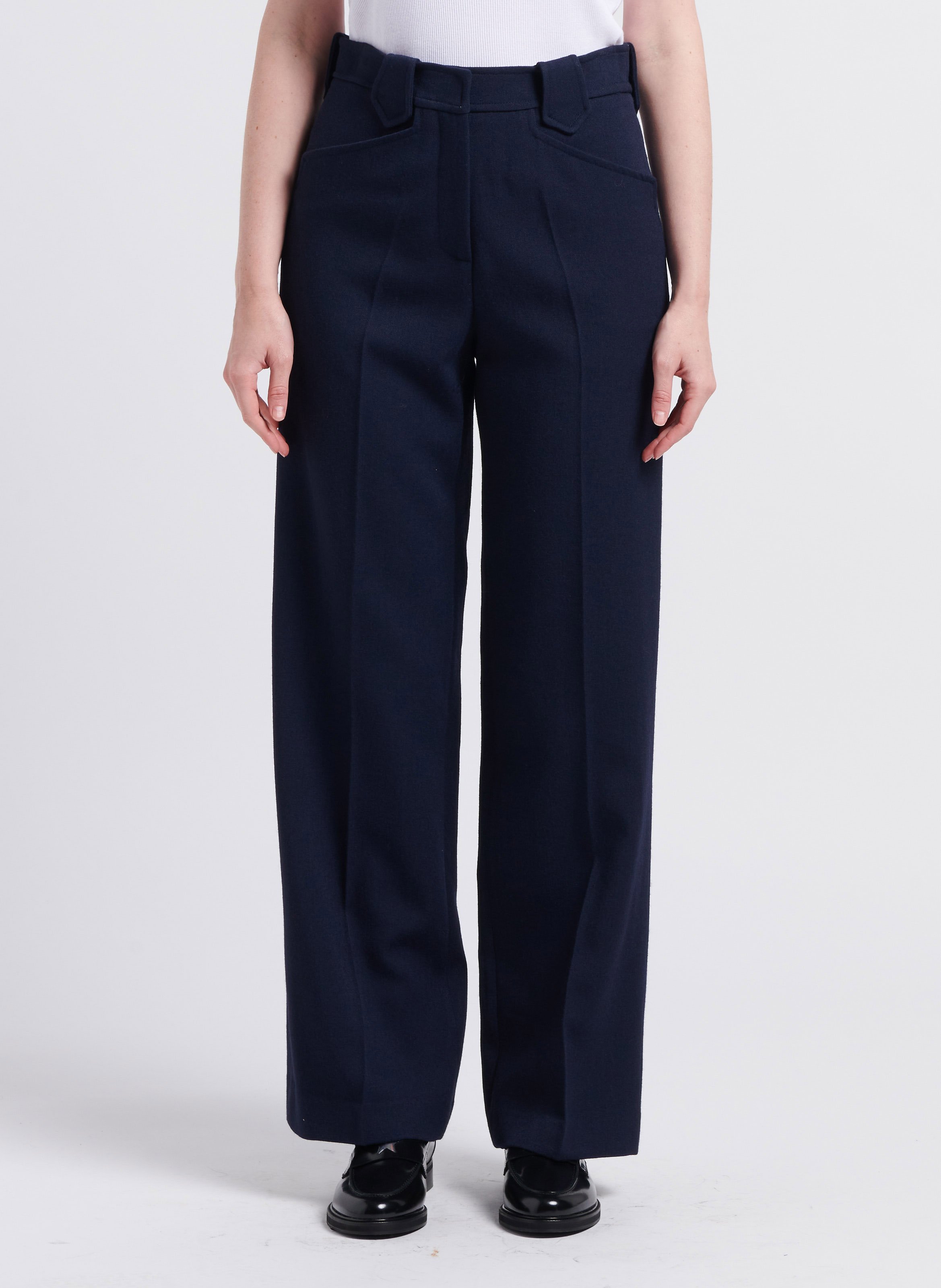 Wide-leg virgin wool-blend pants Navy Margaux Lonnberg