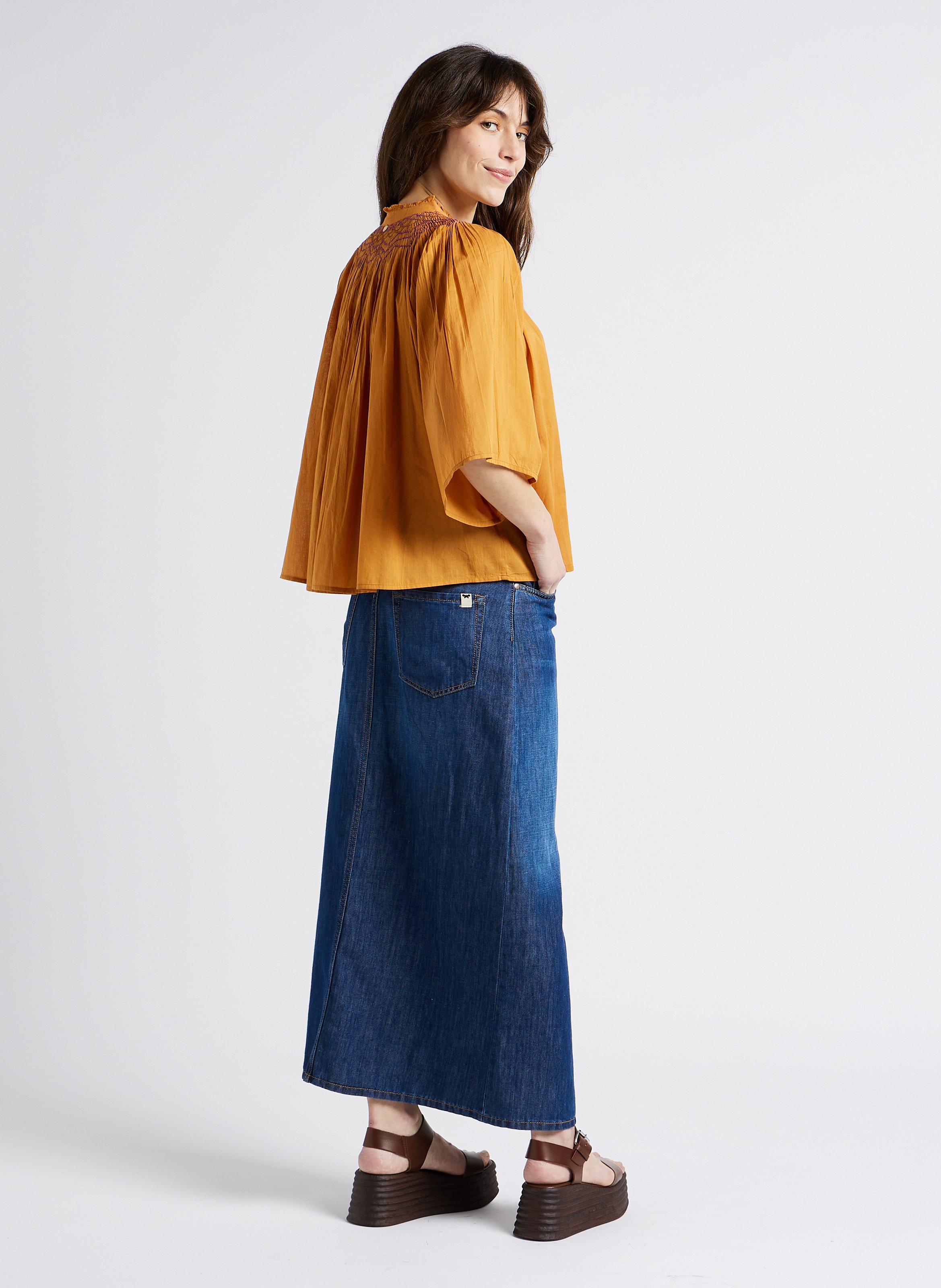 Loose-fit embroidered cotton blouse with mandarin collar ANTIK BATIK Brown