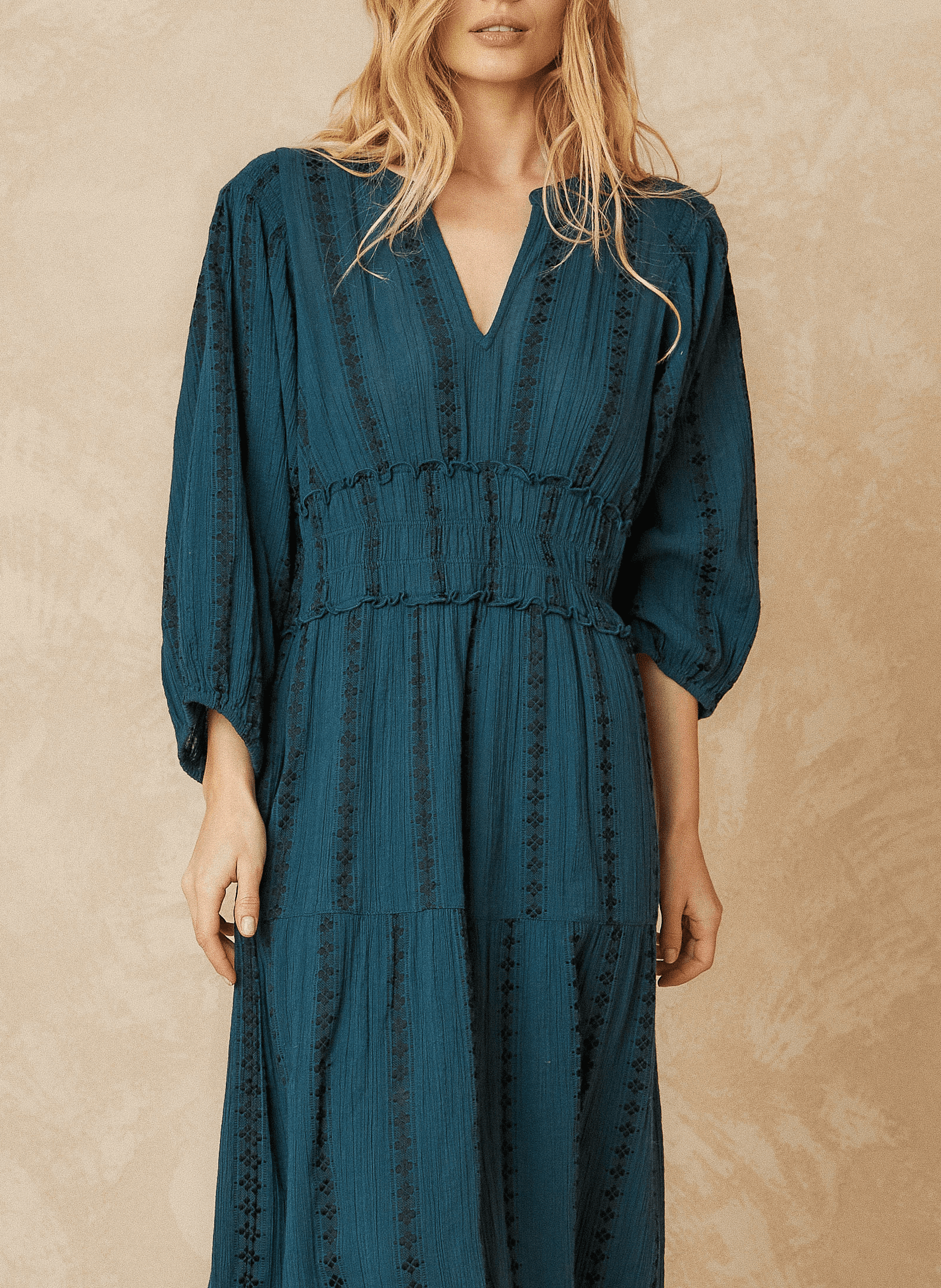 Long V-neck jacquard dress in blended cotton INDI &amp; COLD Blue