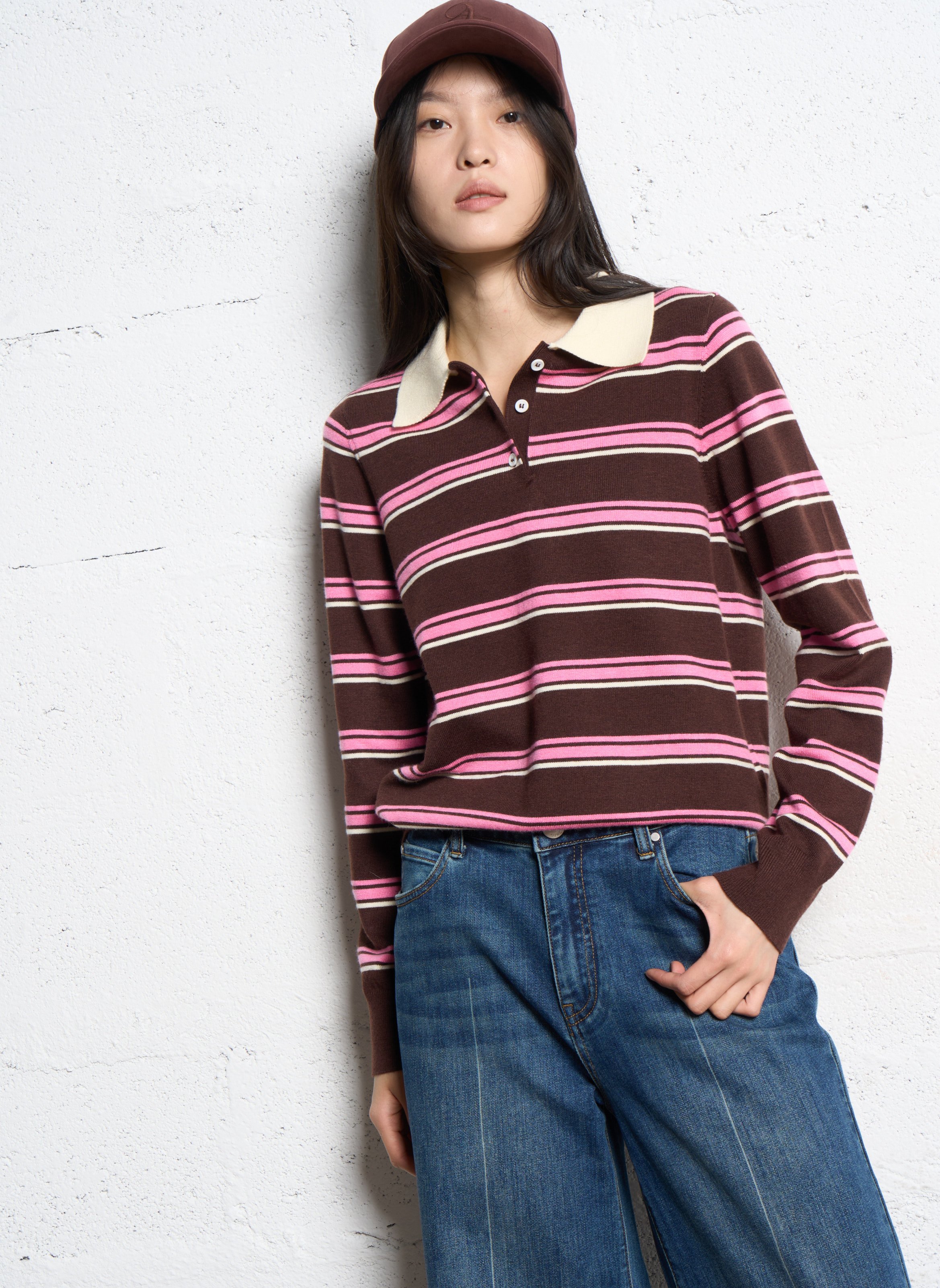 Pull droit col polo à rayures SUNCOO Prune