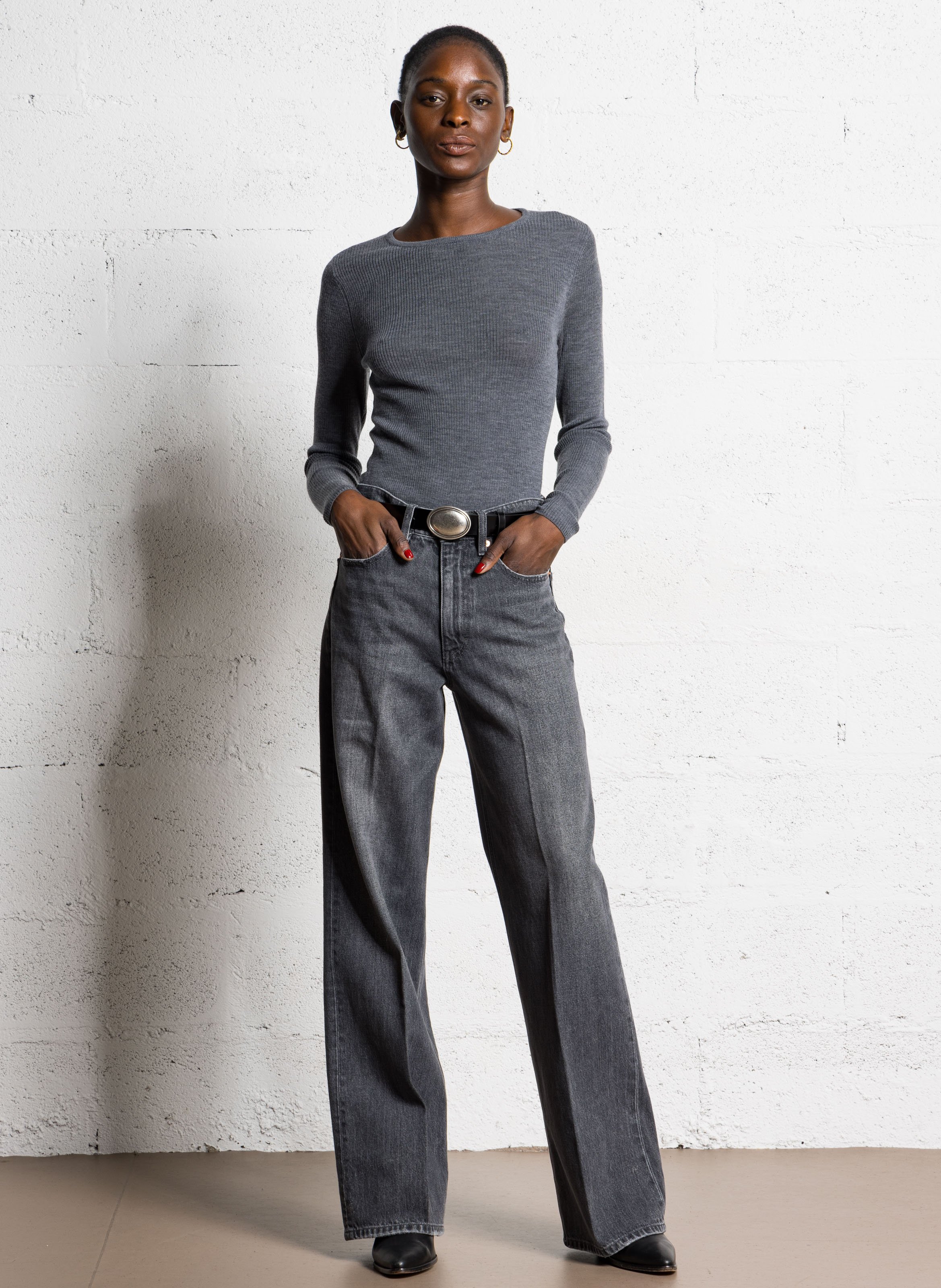 Top col rond en laine MAJESTIC FILATURES Gris