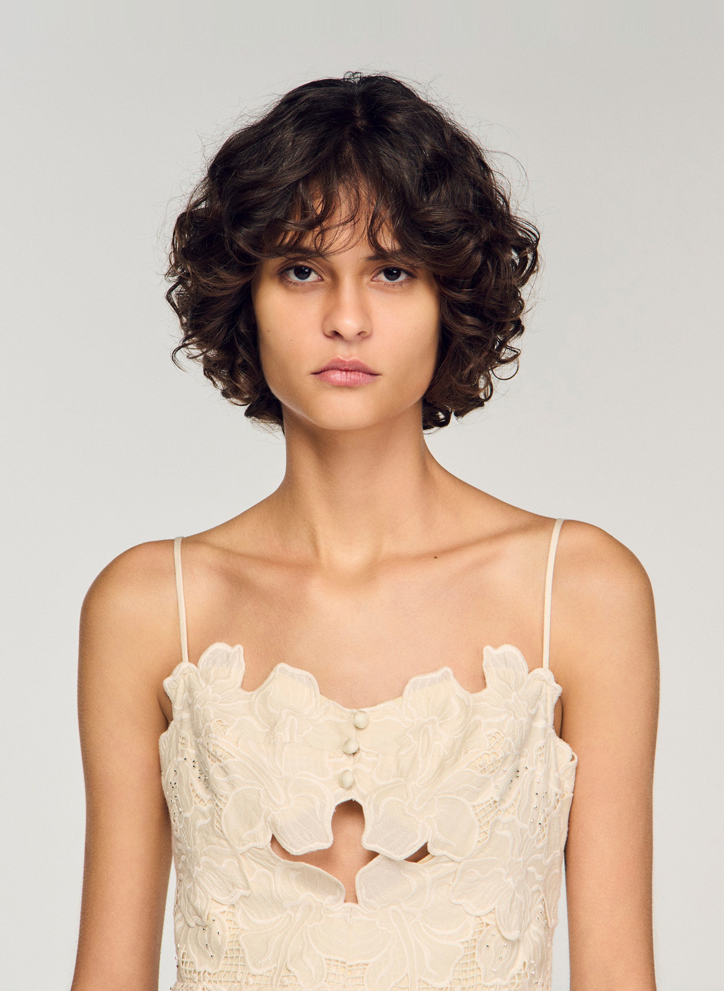 Fitted midi dress with embroideries and rhinestones SANDRO Beige
