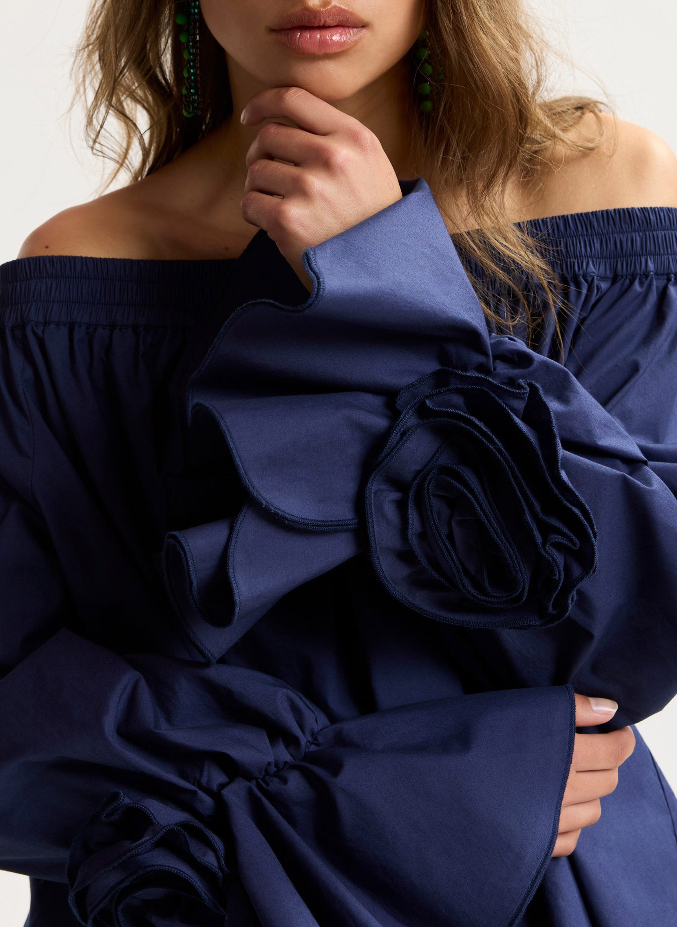 Top bardot ample à fleurs uni Bleu