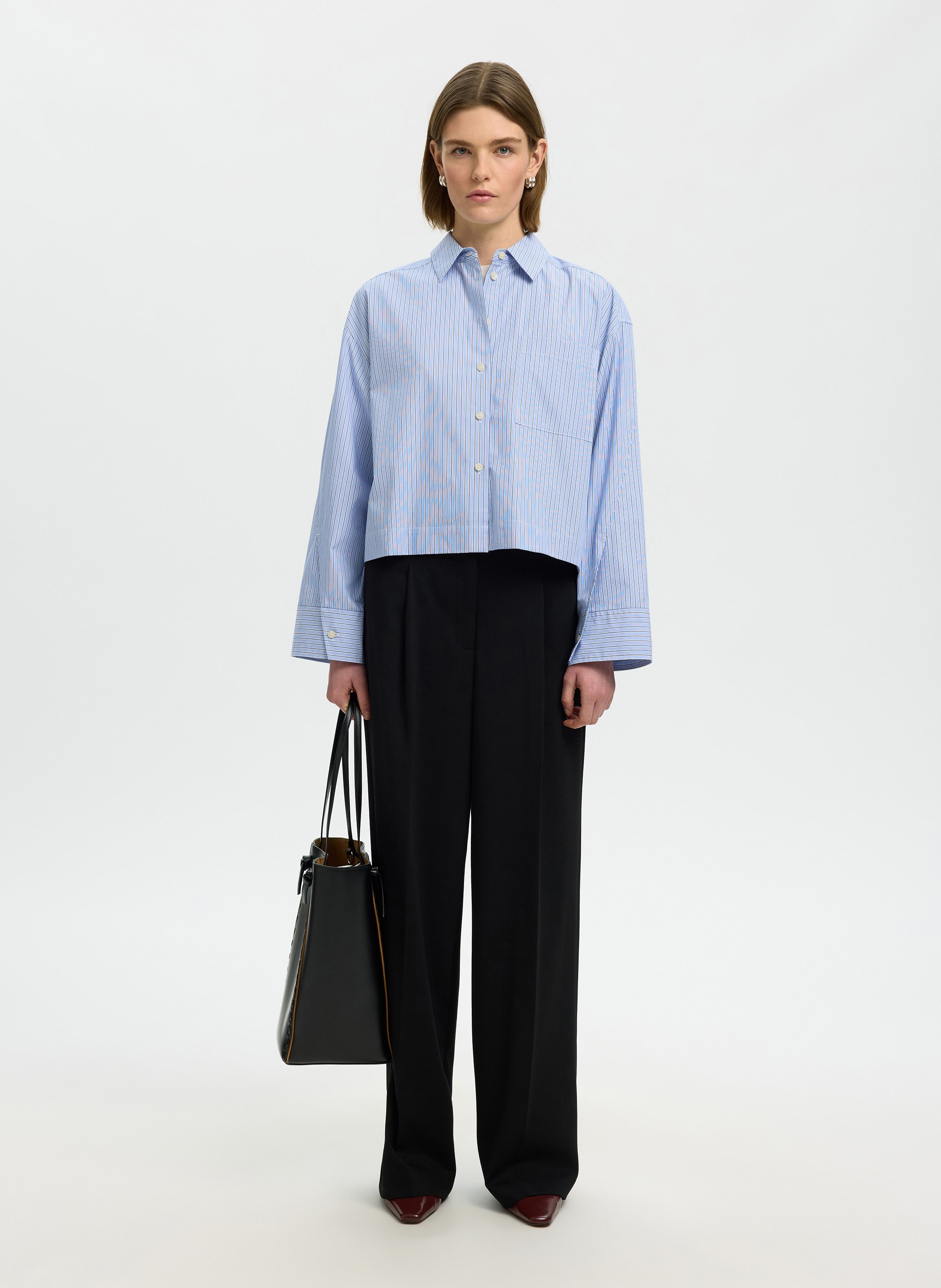 Chemise droite col classique rayée en coton bio SELECTED Bleu