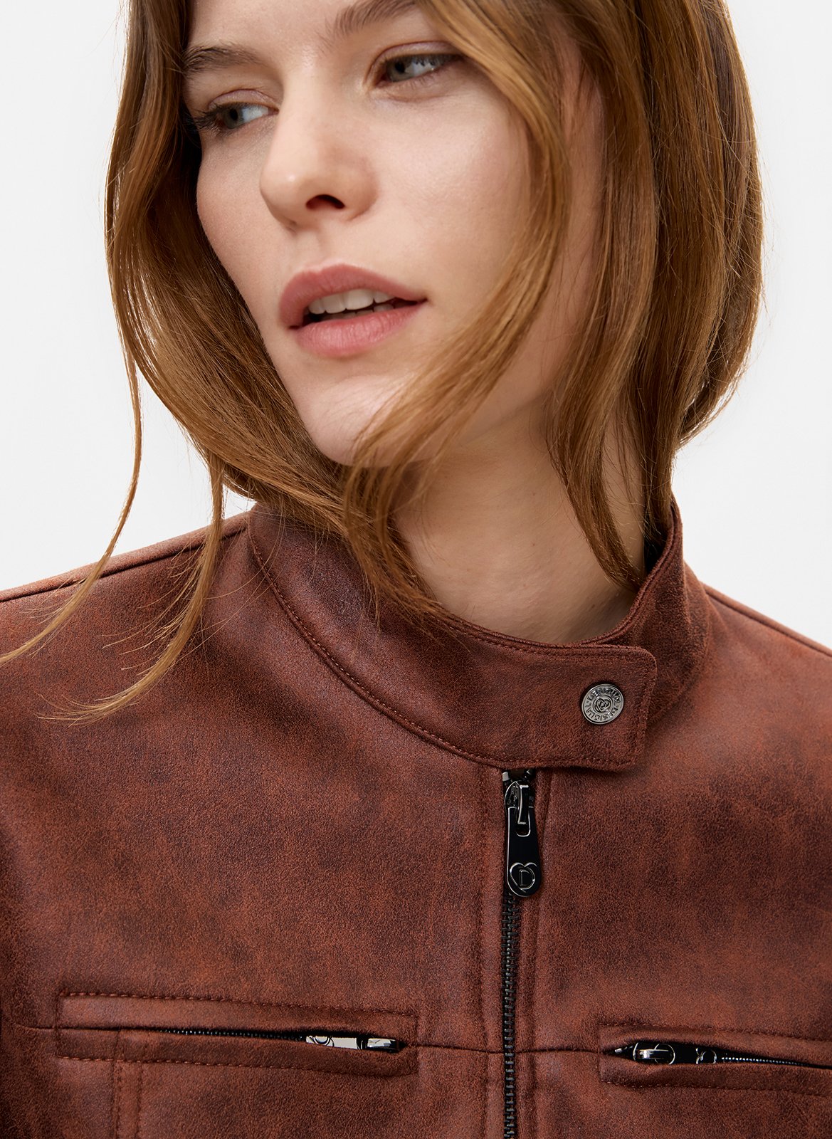 Round neck zip-up solid jacket DESIGUAL Brown