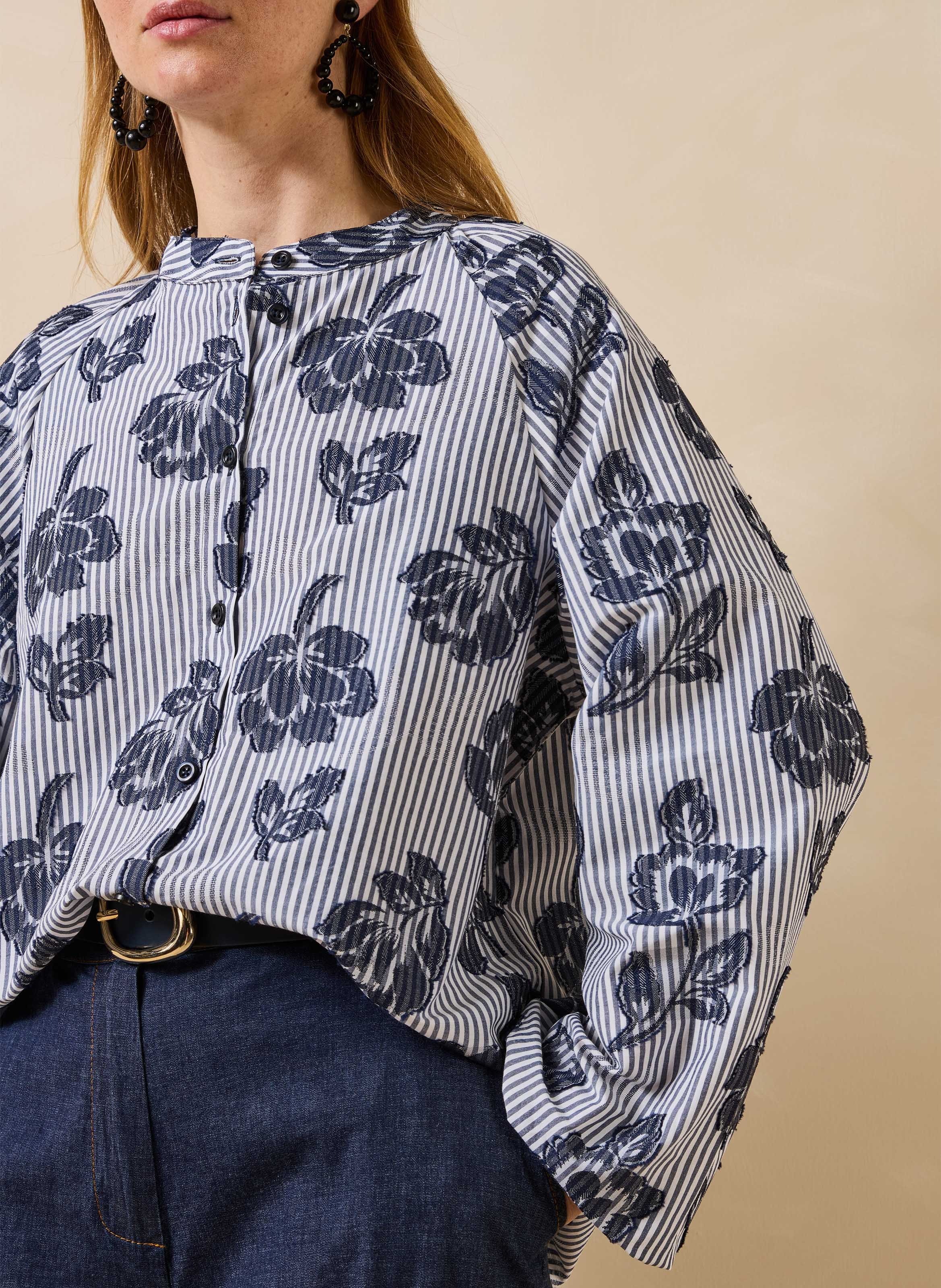 Chemise rayée col rond en coton mélangé LA FEE MARABOUTEE Bleu