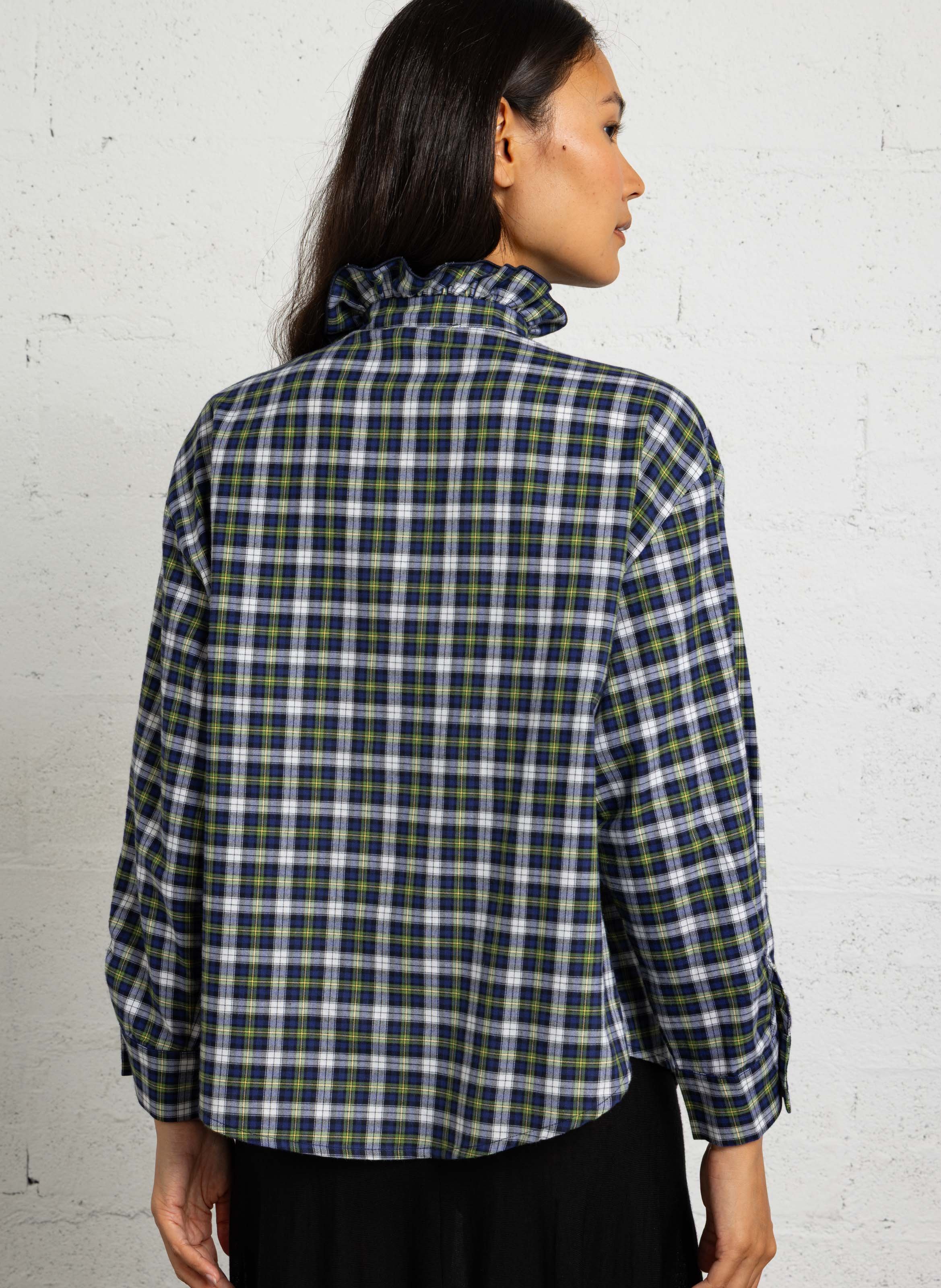 Checked cotton Victorian collar straight top SUZIE WINKLE Blue