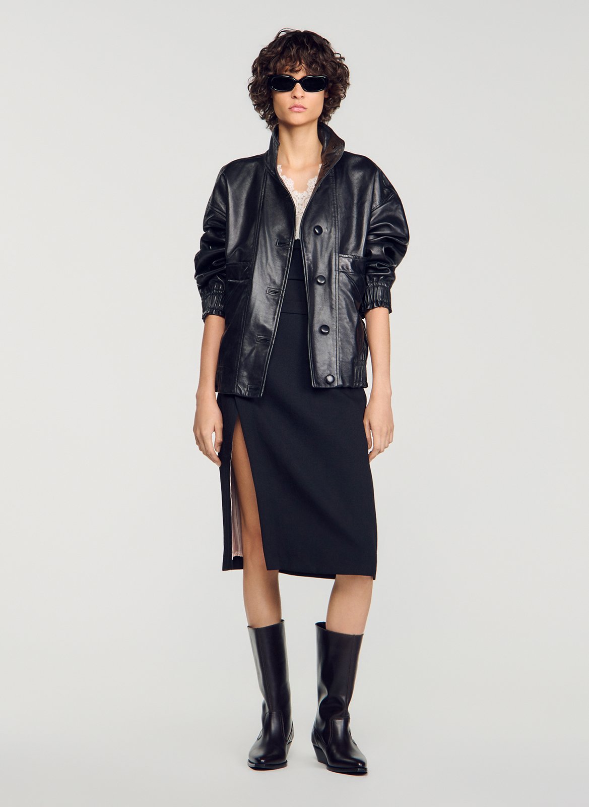 Oversize-Blouson aus Leder SANDRO Schwarz