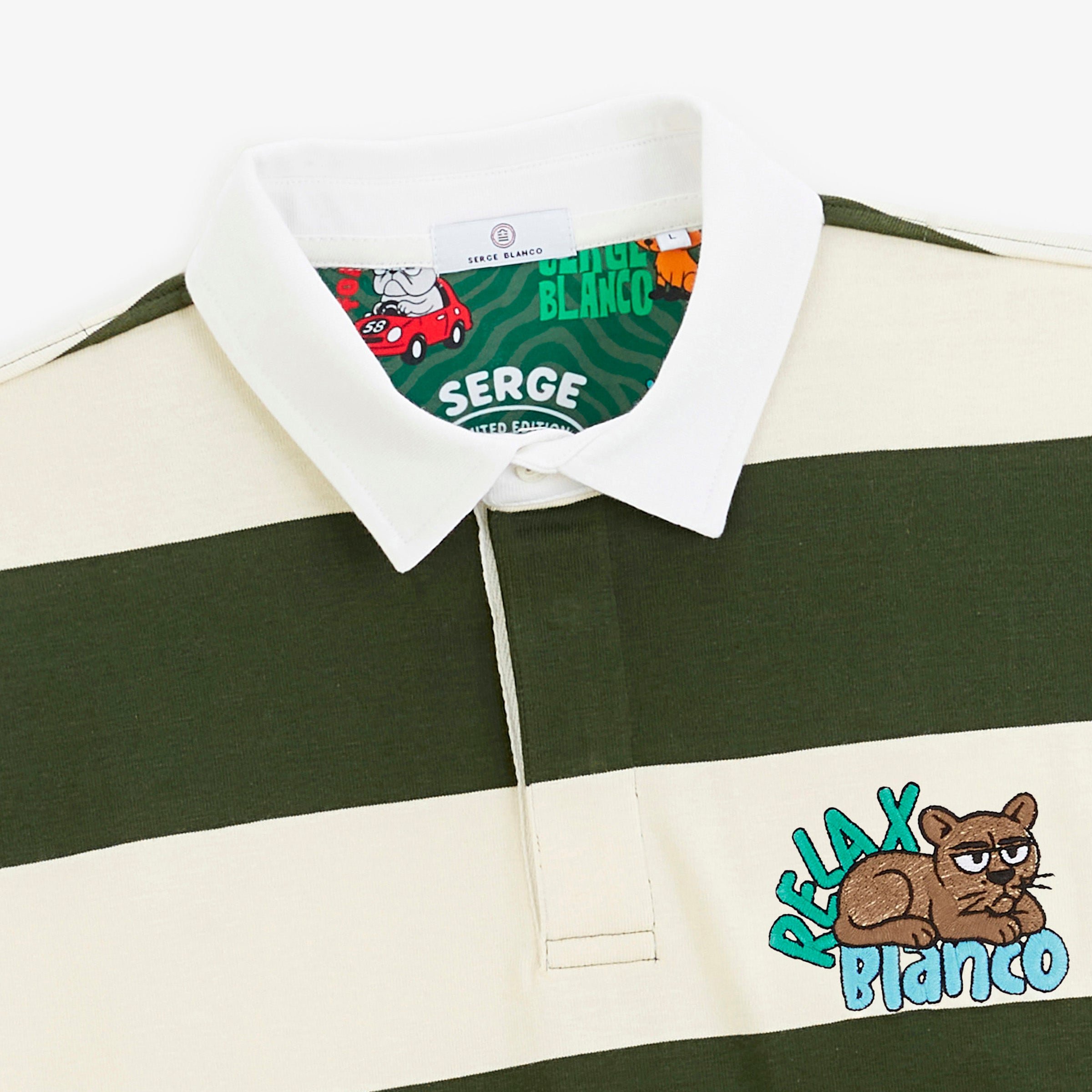 Striped long-sleeved rugby polo shirt with FUNKY ANIMALS embroidery in thyme green SERGE BLANCO Green