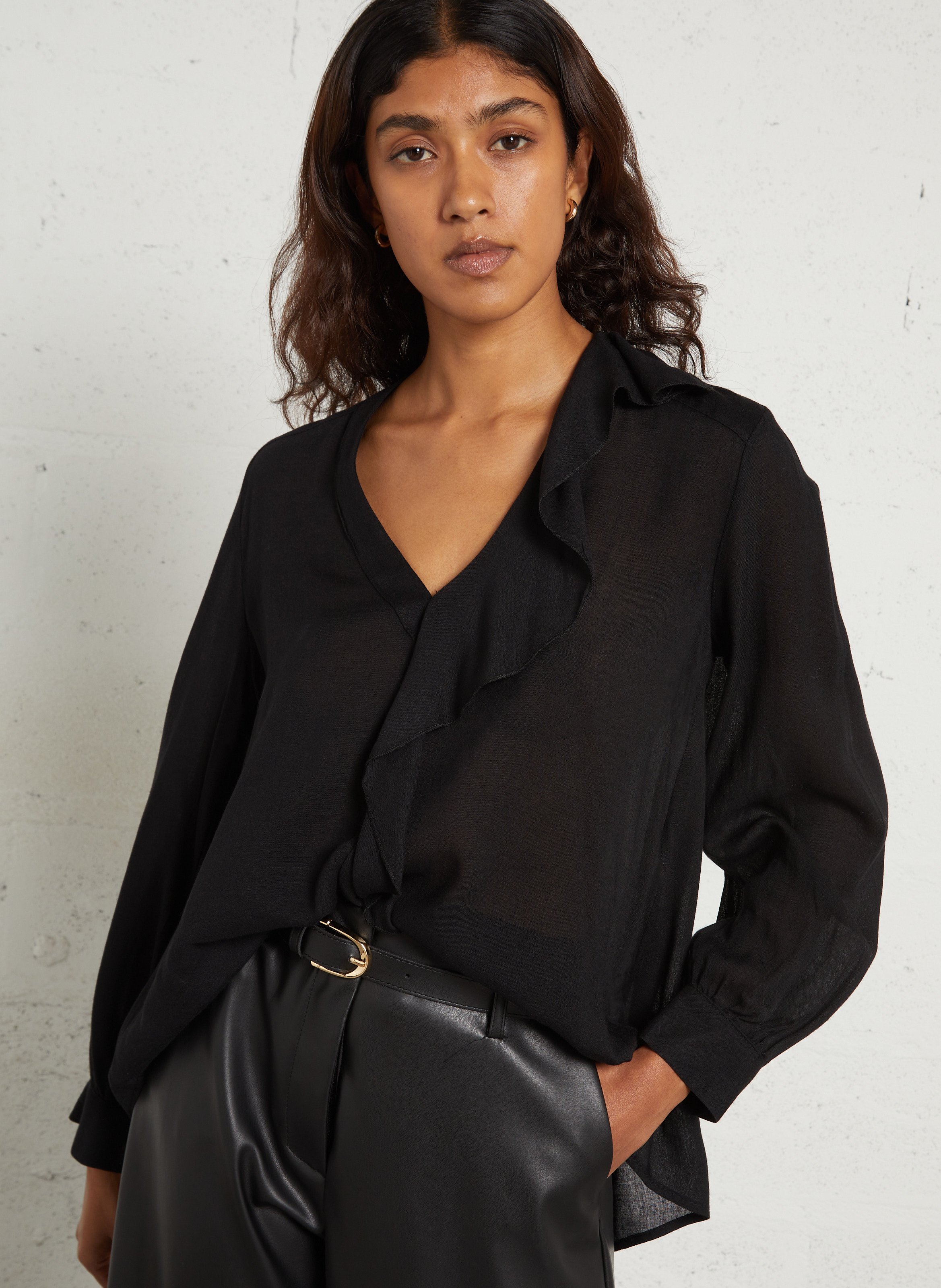 V-neck ruffled solid blouse PLEASE