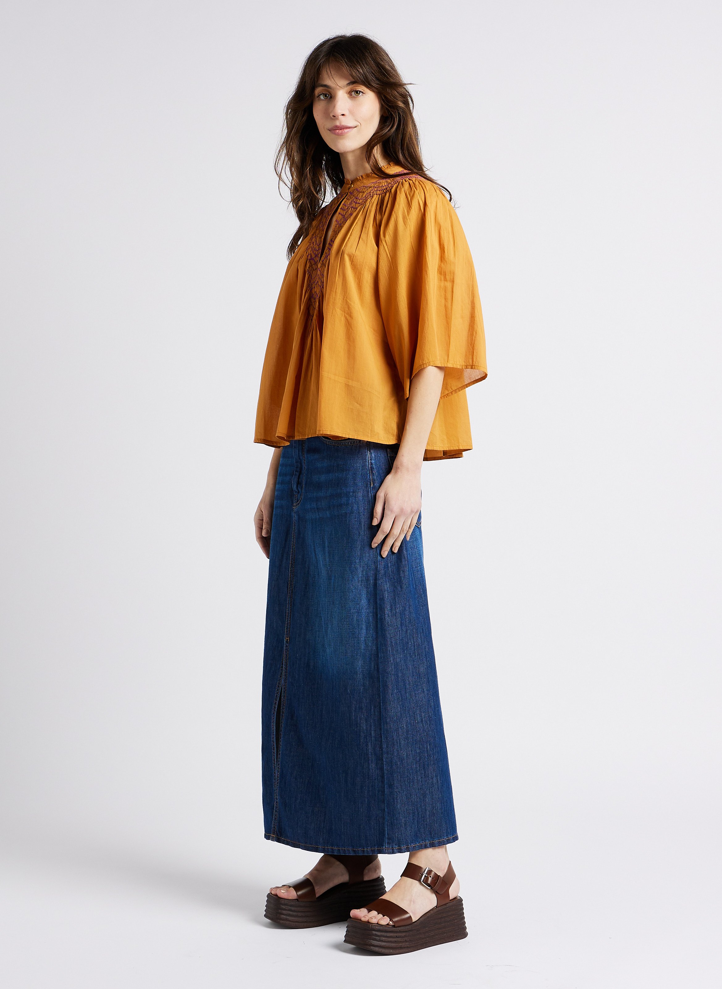 Loose-fit embroidered cotton blouse with mandarin collar ANTIK BATIK Brown