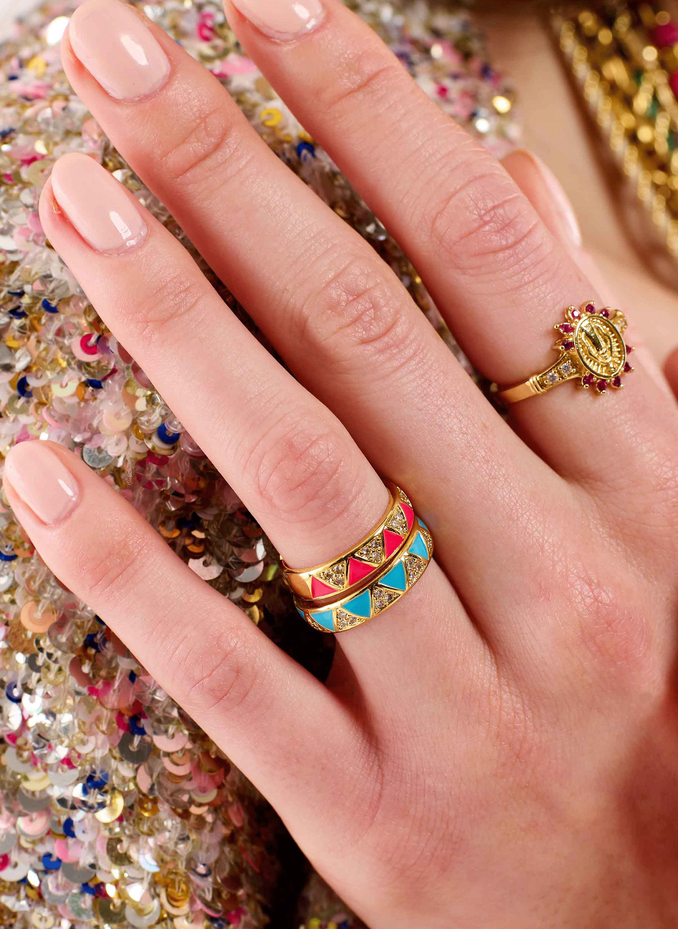 Adjustable ring with colorful enamel and rhinestones HIPANEMA Pink